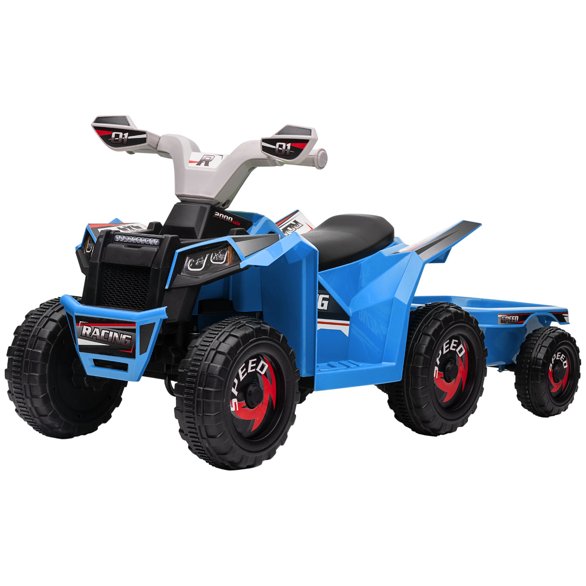 HOMCOM 6V Quad Bike with Back Trailer, Wear-Resistant Wheels, for Ages 18-36 Months, Blue