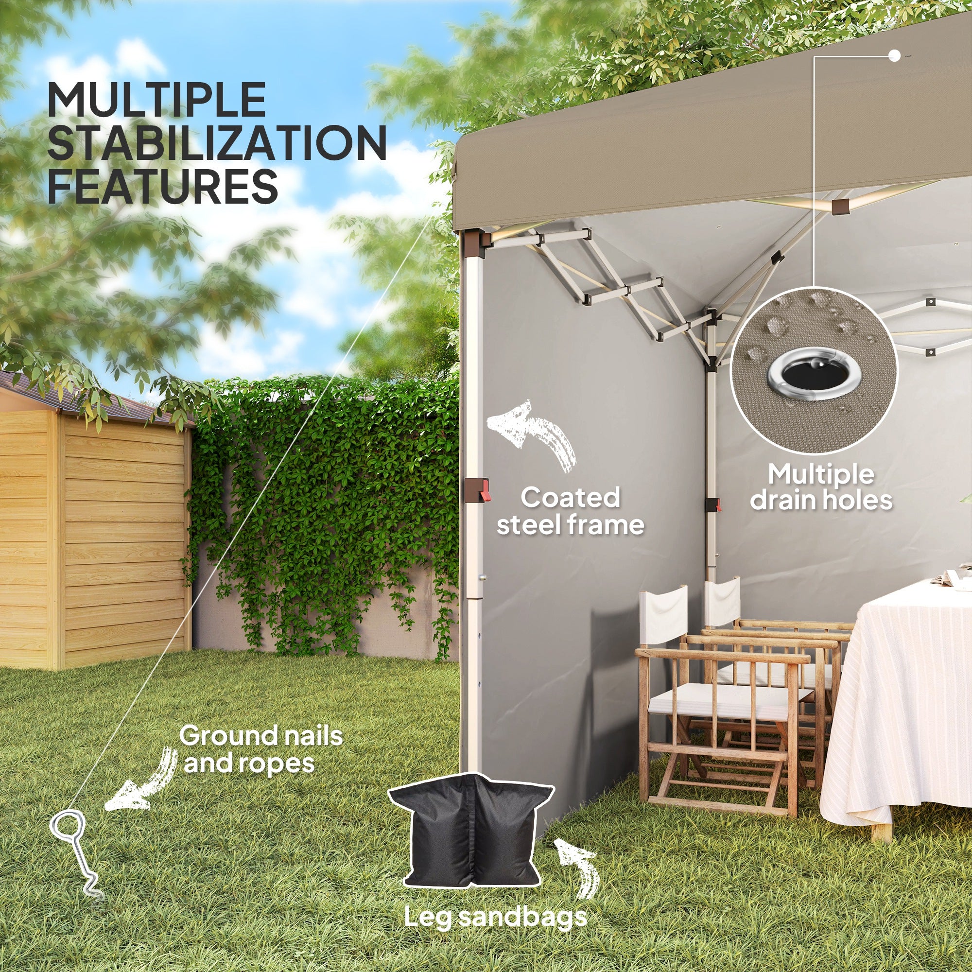 Outsunny 3 x 3 (M) Pop Up Gazebo, UPF 30+ with 2 Sidewalls, Leg Weight Bags and Wheeled Bag, Height Adjustable Party Tent Event Shelter for Garden, Patio, Khaki - North Peak Garden Furniture