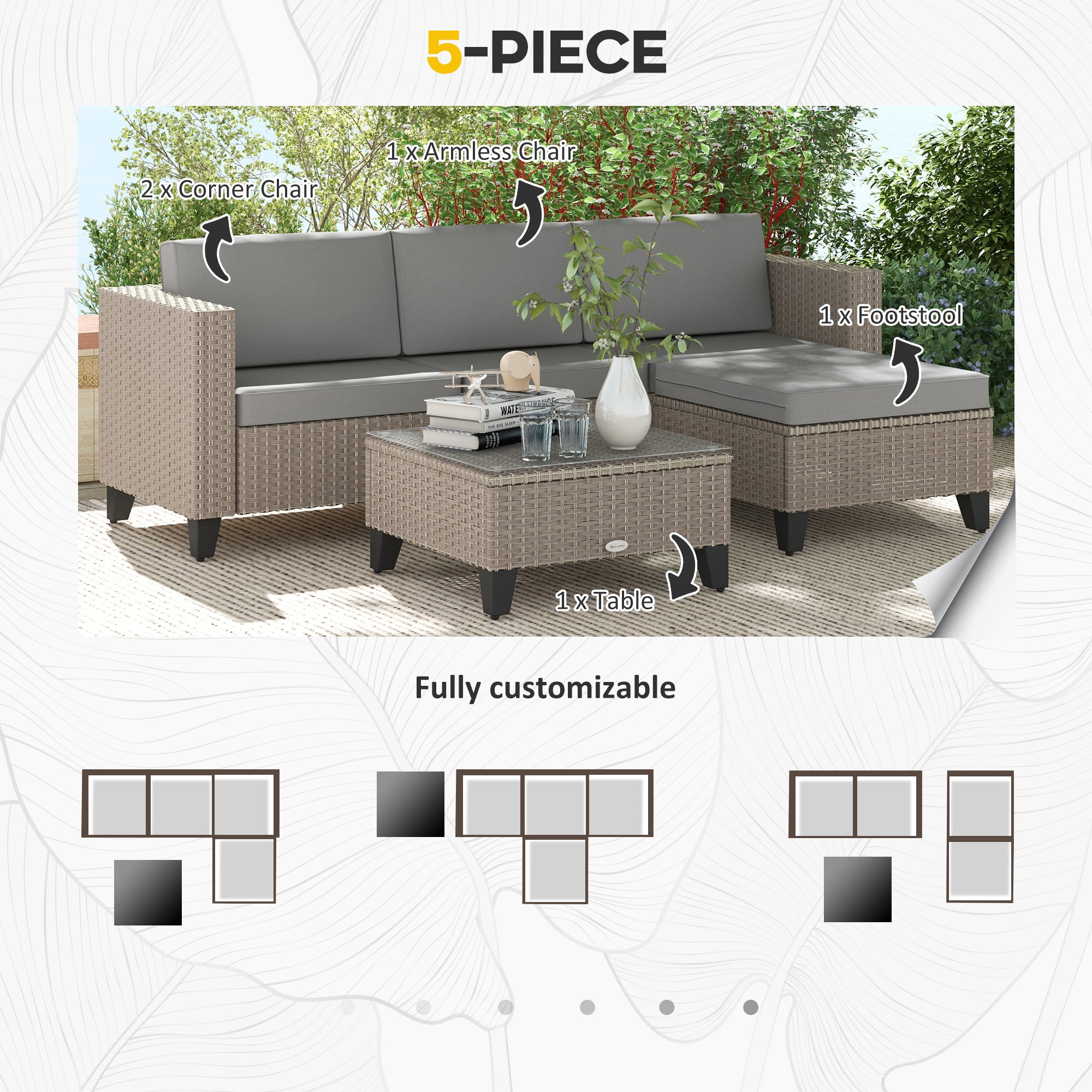 Outsunny 5-Piece Rattan Patio Furniture Set with Corner Sofa, Footstools, Coffee Table, for Poolside, Brown - North Peak Garden Furniture