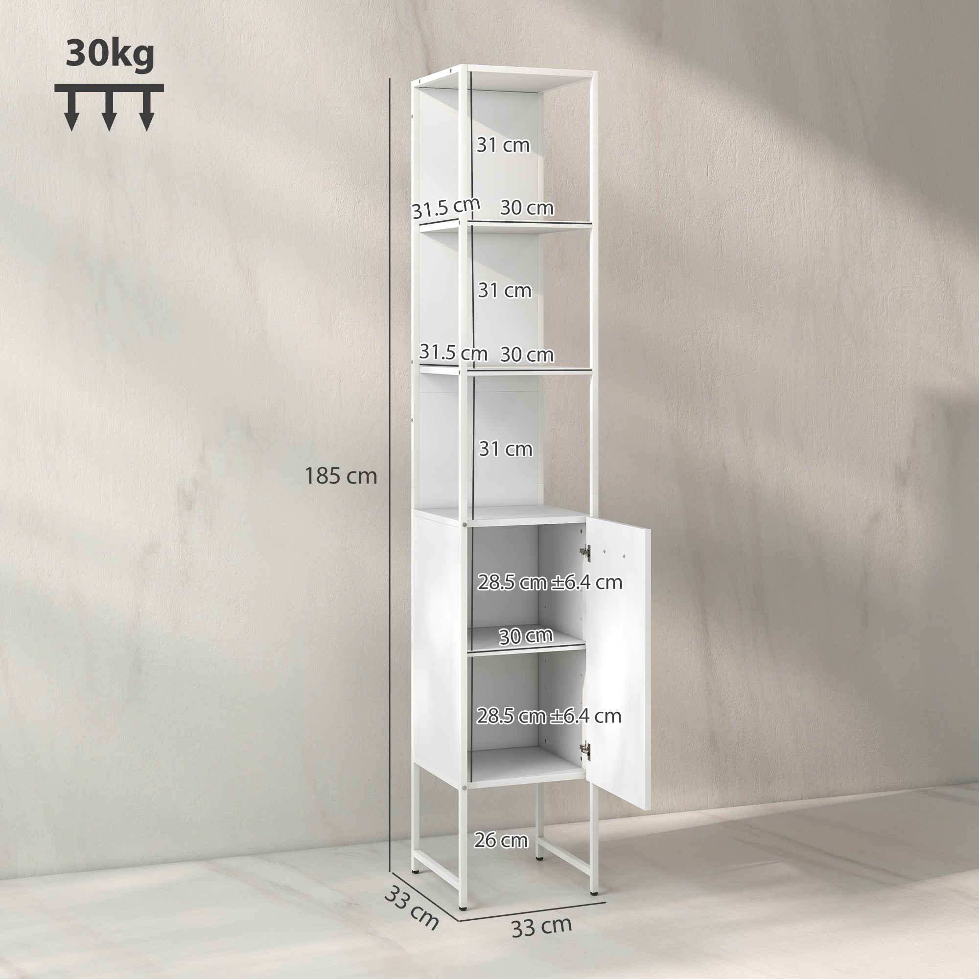 HOMCOM Tall Bathroom Cabinet with Open Shelves and Adjustable Shelf - White - North Peak Garden Furniture