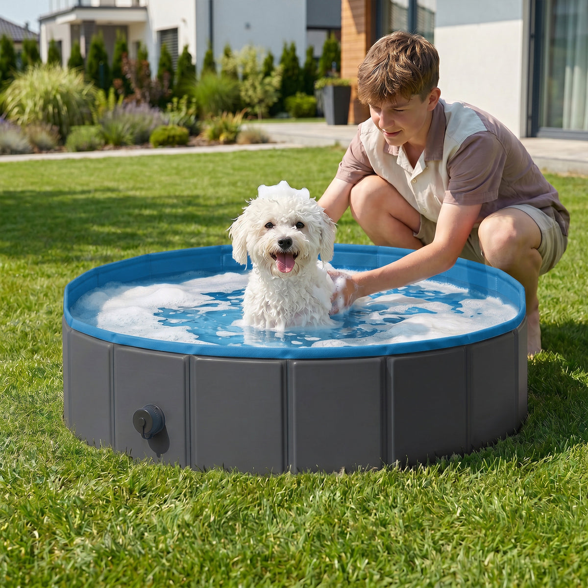 PawHut Foldable Dog Pool for Puppies and Ducks Dog Paddling Pool Bath Tub, Dark Grey, 80 x 20 cm