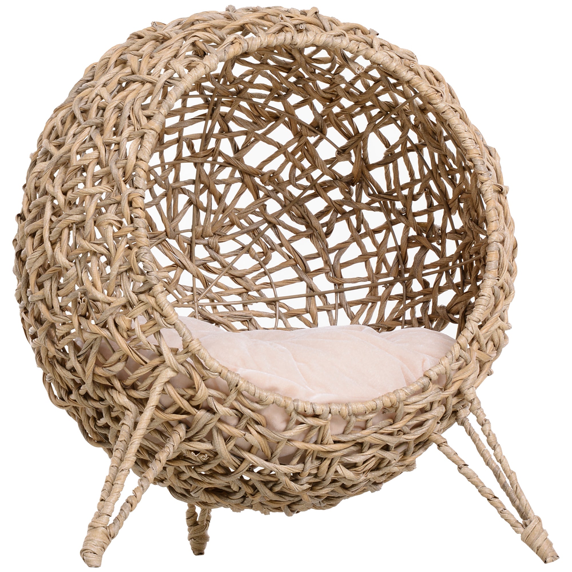 PawHut Wicker Cat Bed, Ball-Shaped Rattan Elevated Cat Basket with Three Tripod Legs, Cushion - Natural Wood Finish - North Peak Garden Furniture