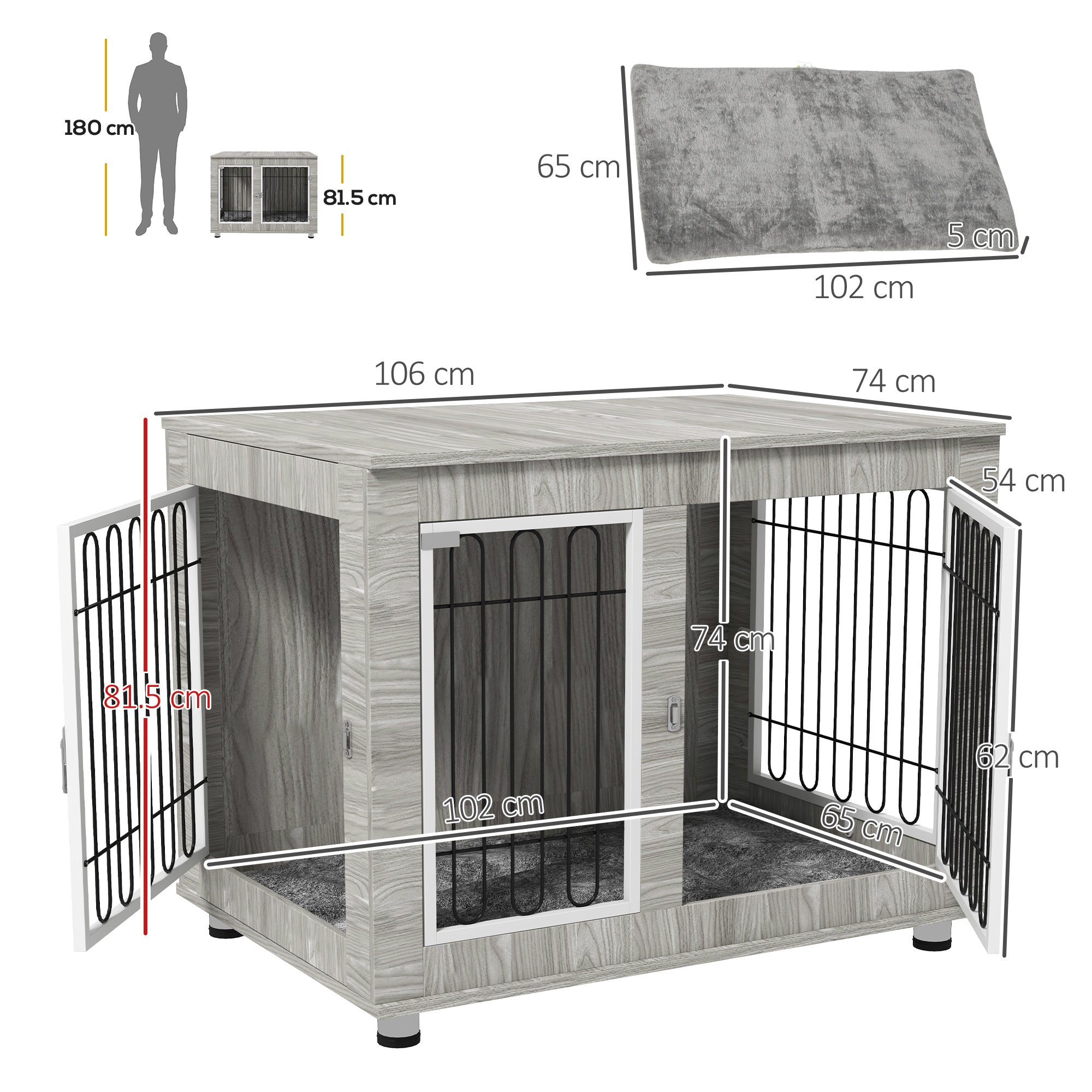PawHut Indoor Dog Kennel w/ Soft Cushion, Double Door for Large Dogs, 106 x 74 x 81.5cm, Grey - North Peak Garden Furniture