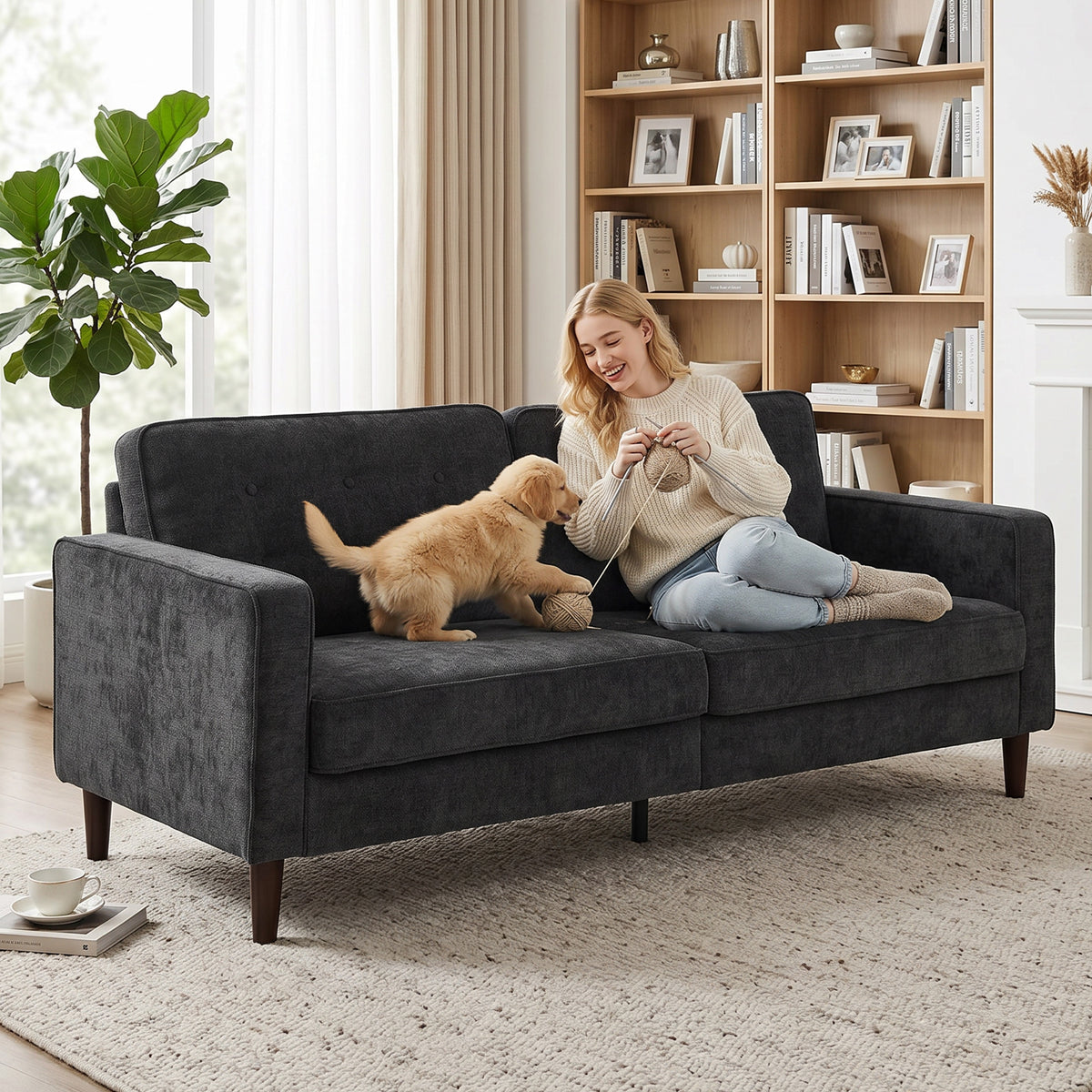 HOMCOM 3 Seater Sofa Button Tufted Upholstered Couch with Wood Legs for Living Room, Dark Grey