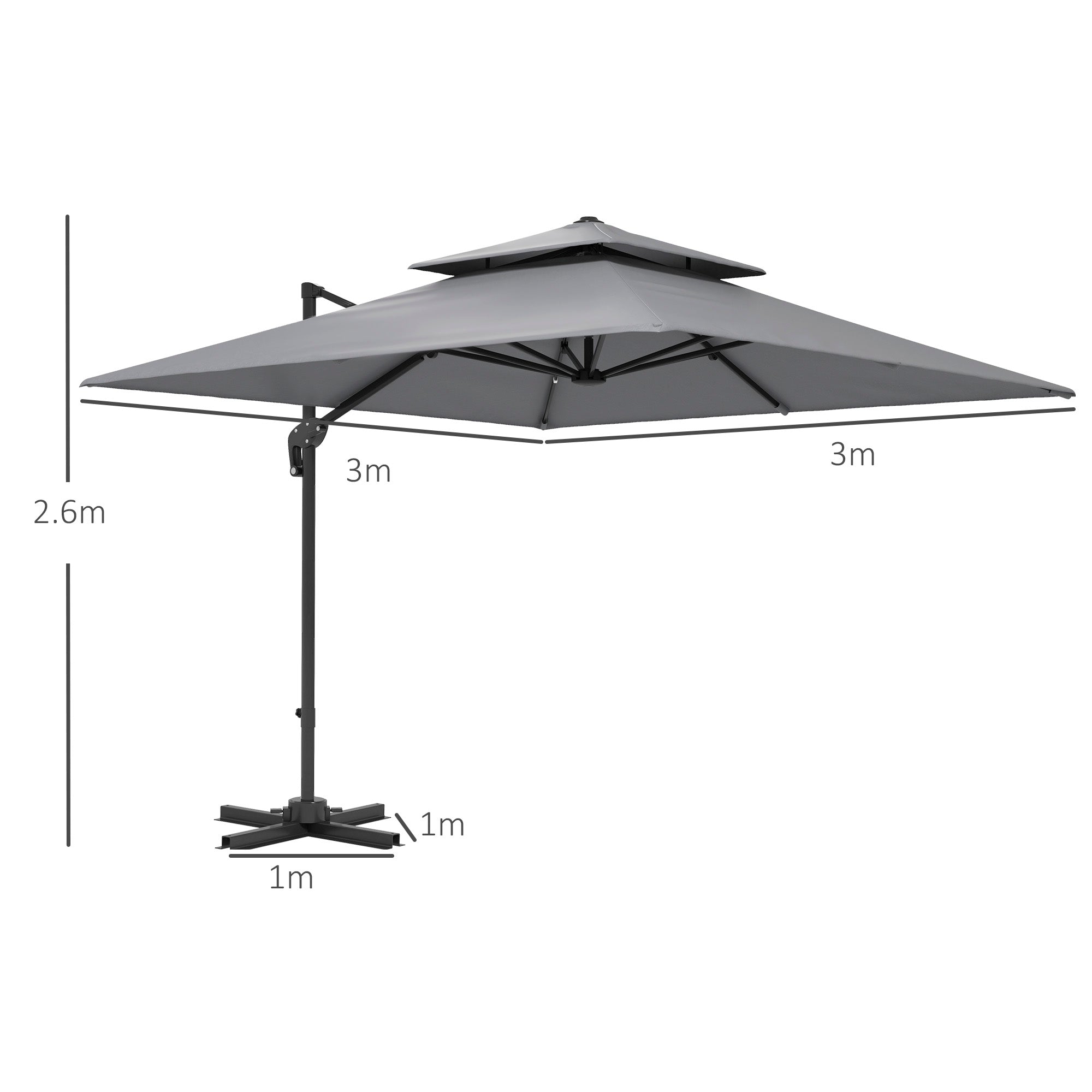 Outsunny 3 x 3(m) Cantilever Parasol with Aluminium Frame, Crank and Tilt, 360° Rotation, Double Top Garden Umbrella with Base and Cover, Light Grey - North Peak Garden Furniture