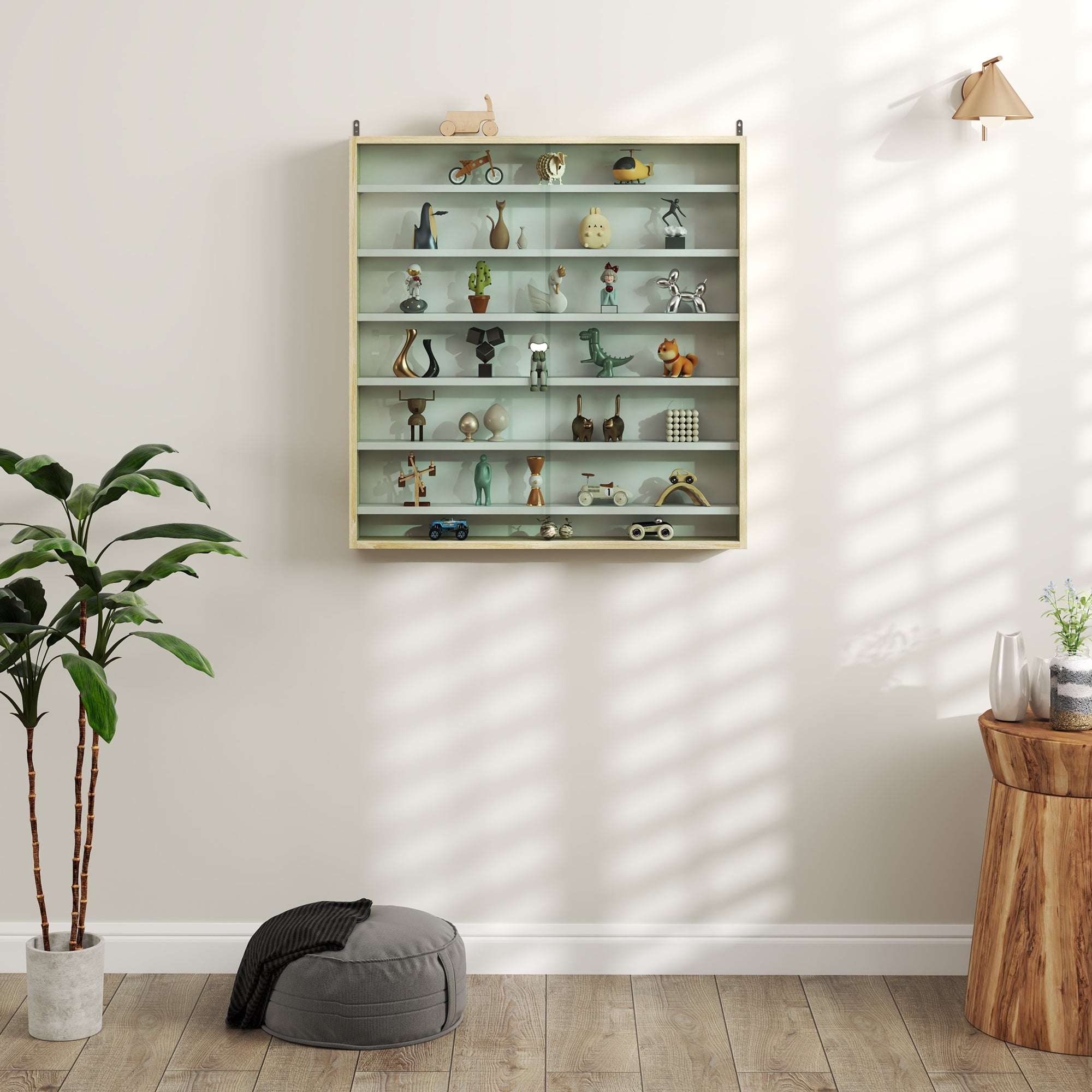 HOMCOM 7-Tier Wall Display Shelf Unit Cabinet w/ 6 Adjustable Shelves Glass Doors Home Office Ornaments 83x80cm, Oak - North Peak Garden Furniture