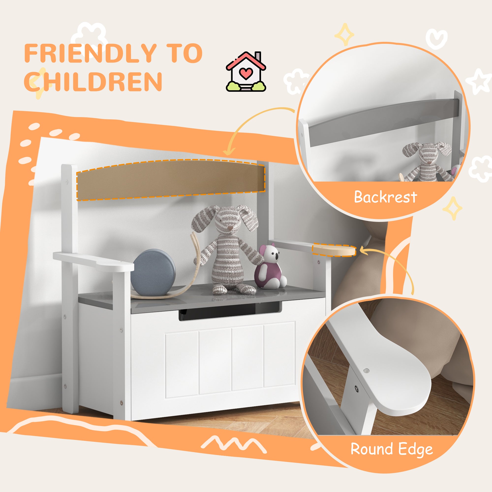 AIYAPLAY 2-in-1 Toy Box for Kids with Lid for Bedroom, Nursery, Playroom, Grey