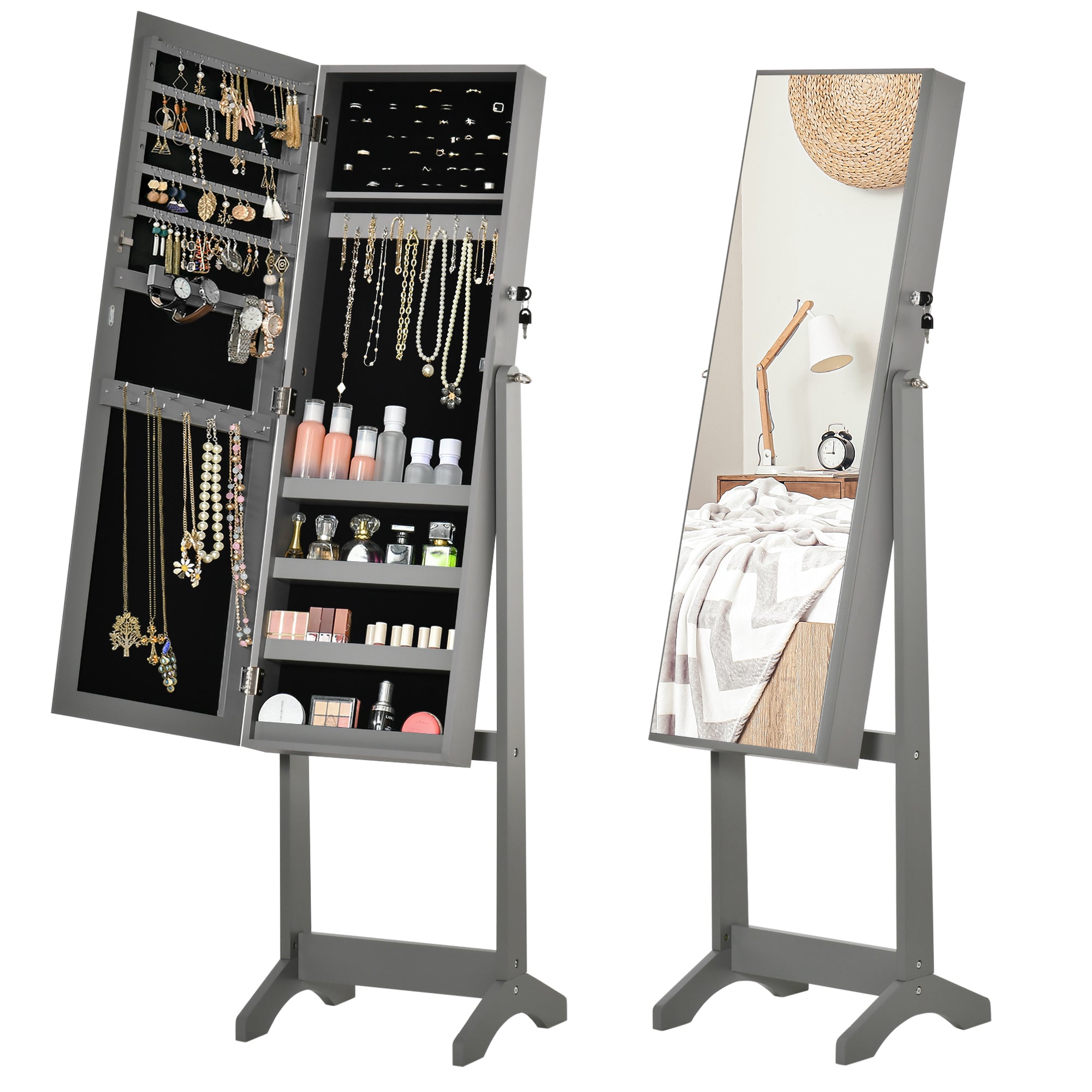 HOMCOM Full Length Mirror with Storage, Jewellery Cabinet with Mirror, Adjustable Angle and Stand, Lockable Jewellery Organiser for Bedroom Dressing Room, Grey - North Peak Garden Furniture