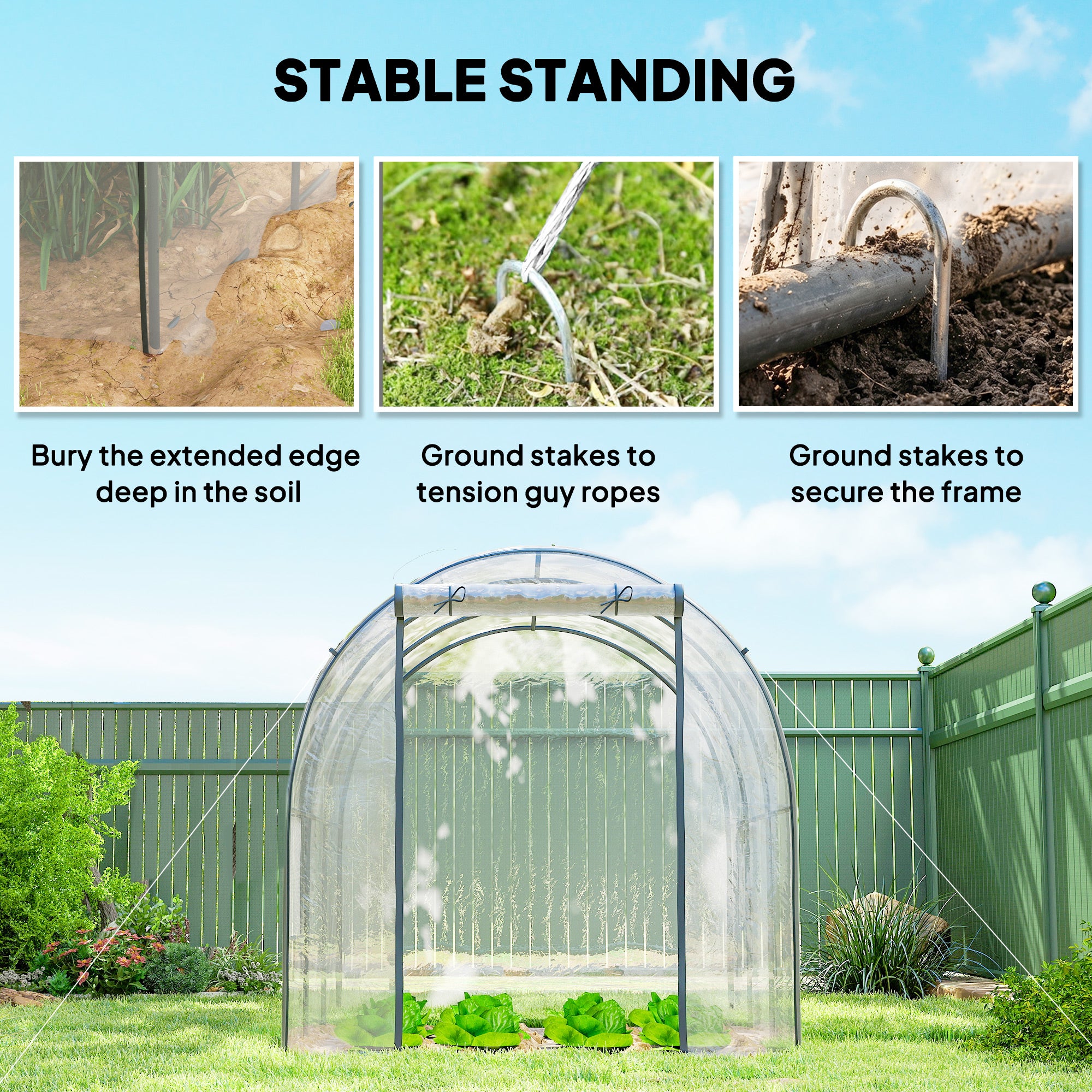 Outsunny Polytunnel Greenhouse Walk-in Grow House with Plasric Cover, Door, Mesh Window and Steel Frame, 3 x 2 x 2m, Clear