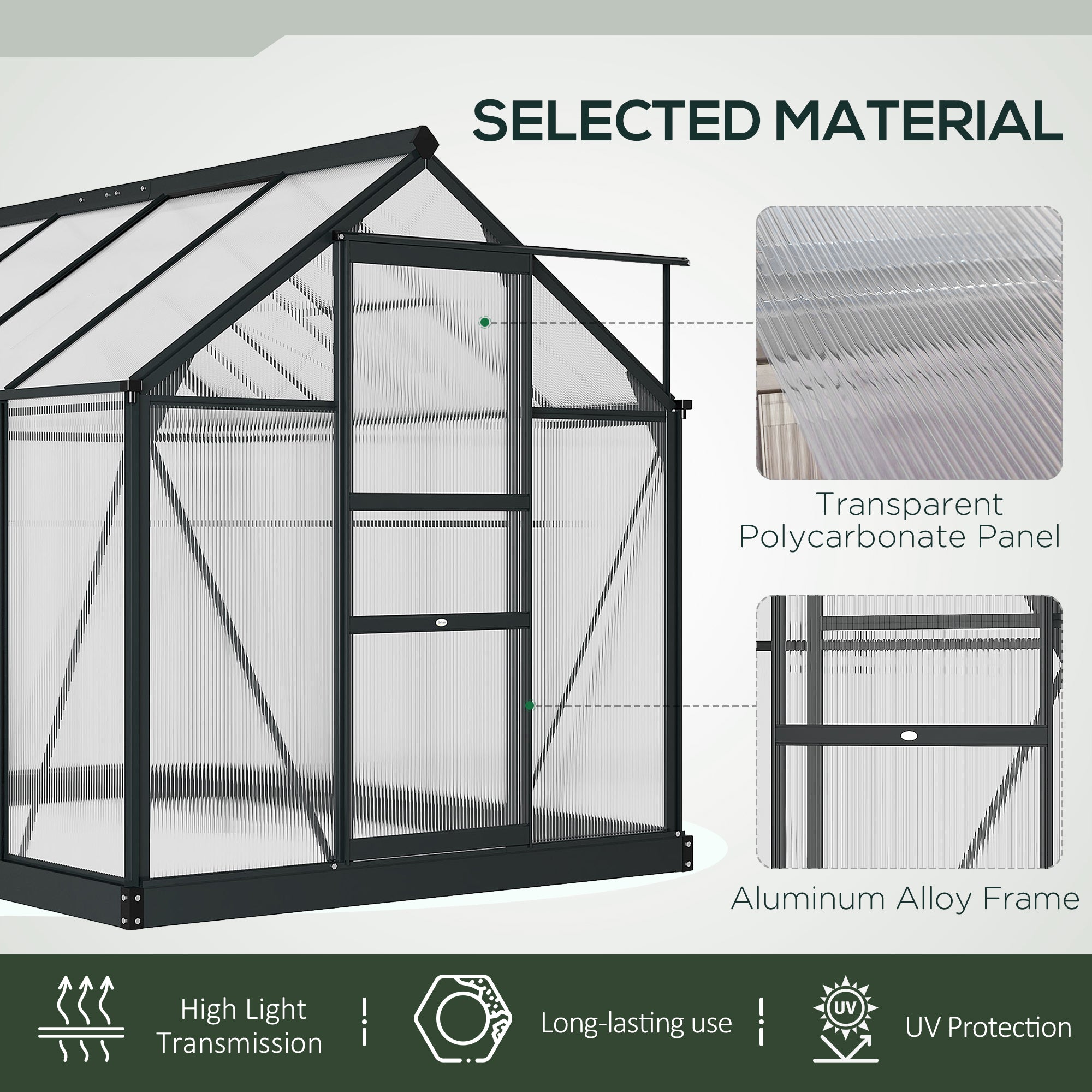 Outsunny 6 x 8ft Polycarbonate Greenhouse, Large Walk-In Green House with Slide Door and Window, Garden Plants Grow House with Aluminium Frame and Foundation, Grey - North Peak Garden Furniture