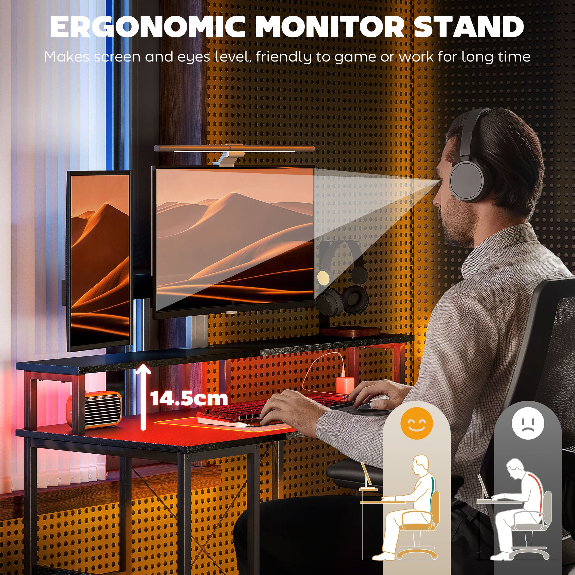 HOMCOM Computer Desk with Power Outlets and LED Lights, 120 x 50cm Reversible Home Office Desk with Monitor Stand and 2-Tier Storage Shelves, Gaming Desk with Cable Management, Black - North Peak Garden Furniture