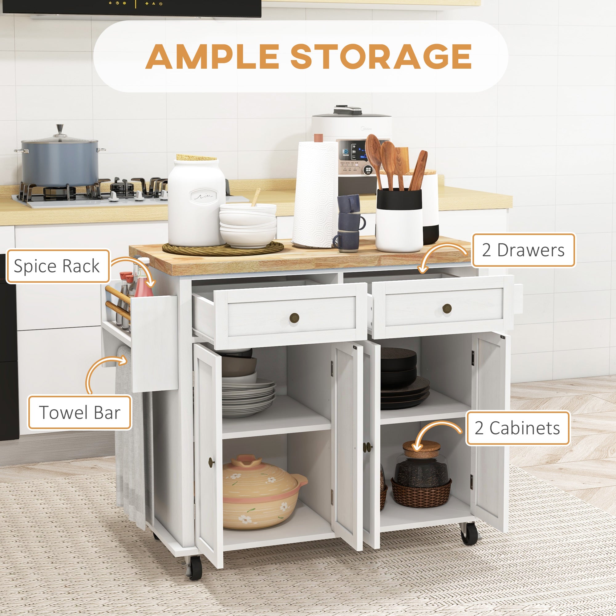 HOMCOM Rolling Kitchen Island Storage Trolley with Rubber Wood Top & Drawers for Dining Room, White - North Peak Garden Furniture