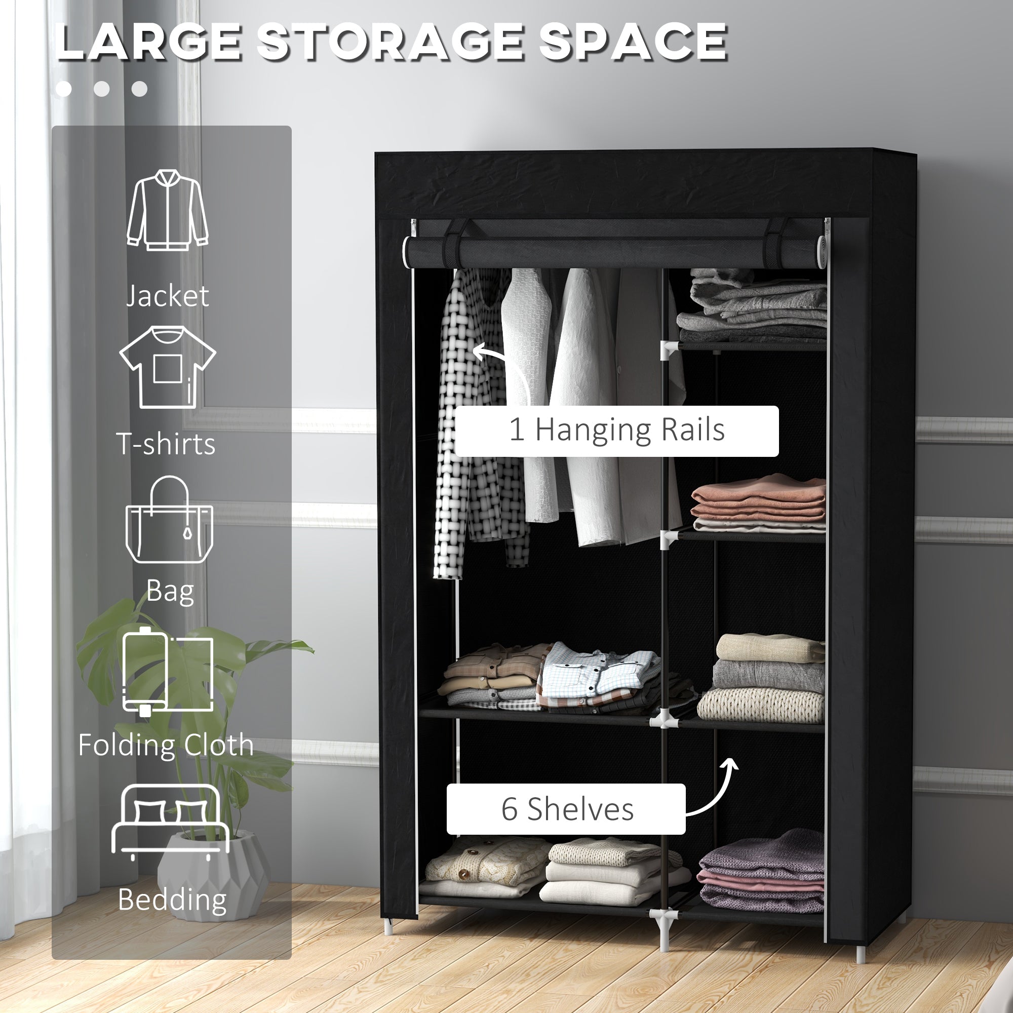HOMCOM Fabric Wardrobe, Portable Wardrobe with 6 Shelves, 1 Hanging Rail, Foldable Closets, 103 x 43 x 162.5 cm, Black - North Peak Garden Furniture