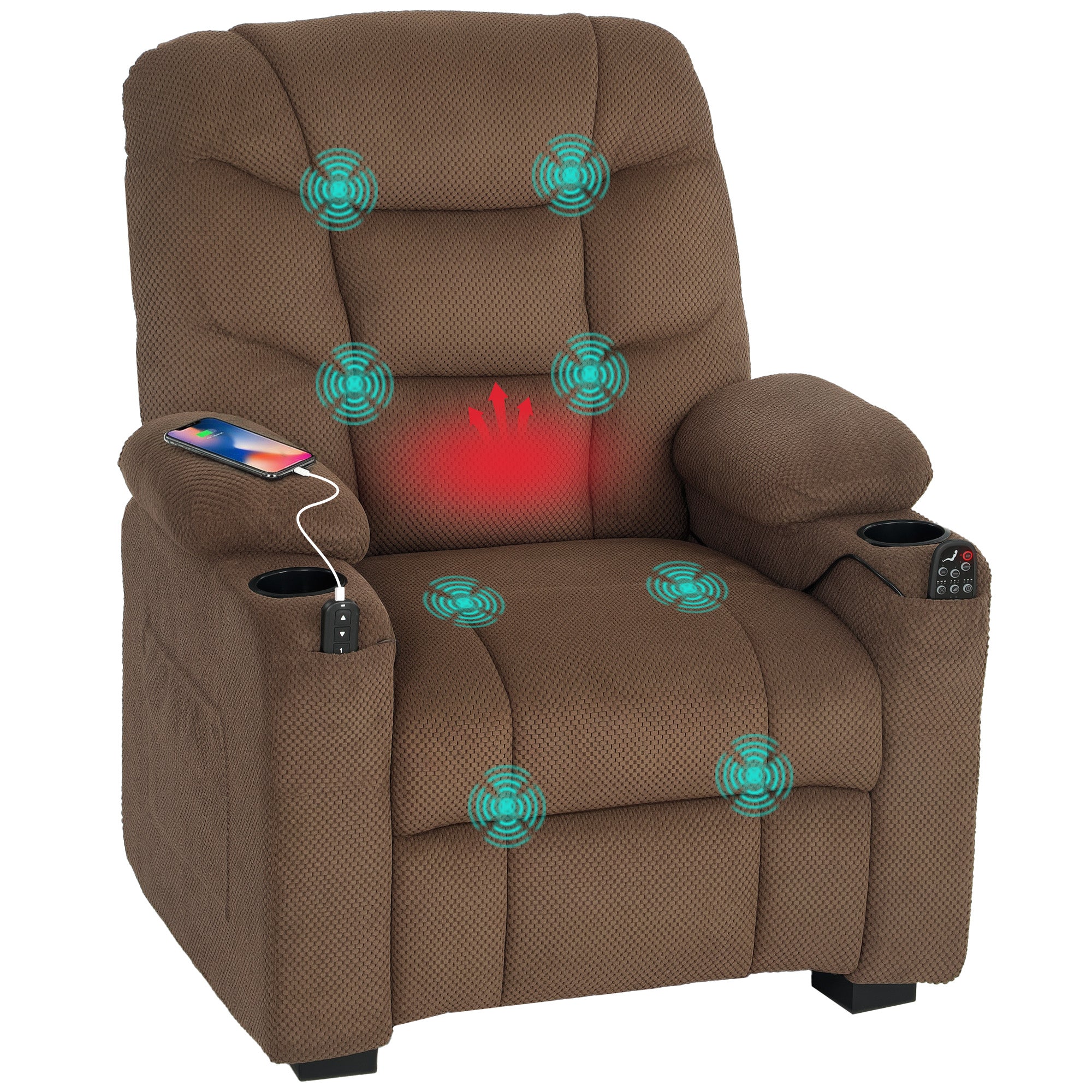 HOMCOM Electric Massage Recliner Armchair with Vibration, Heat, Whisper-Quiet Motor, Memory Function, Fleece Power Reclining Chair with Spring Pack, USB Port, Footrest, Side Pocket, Brown