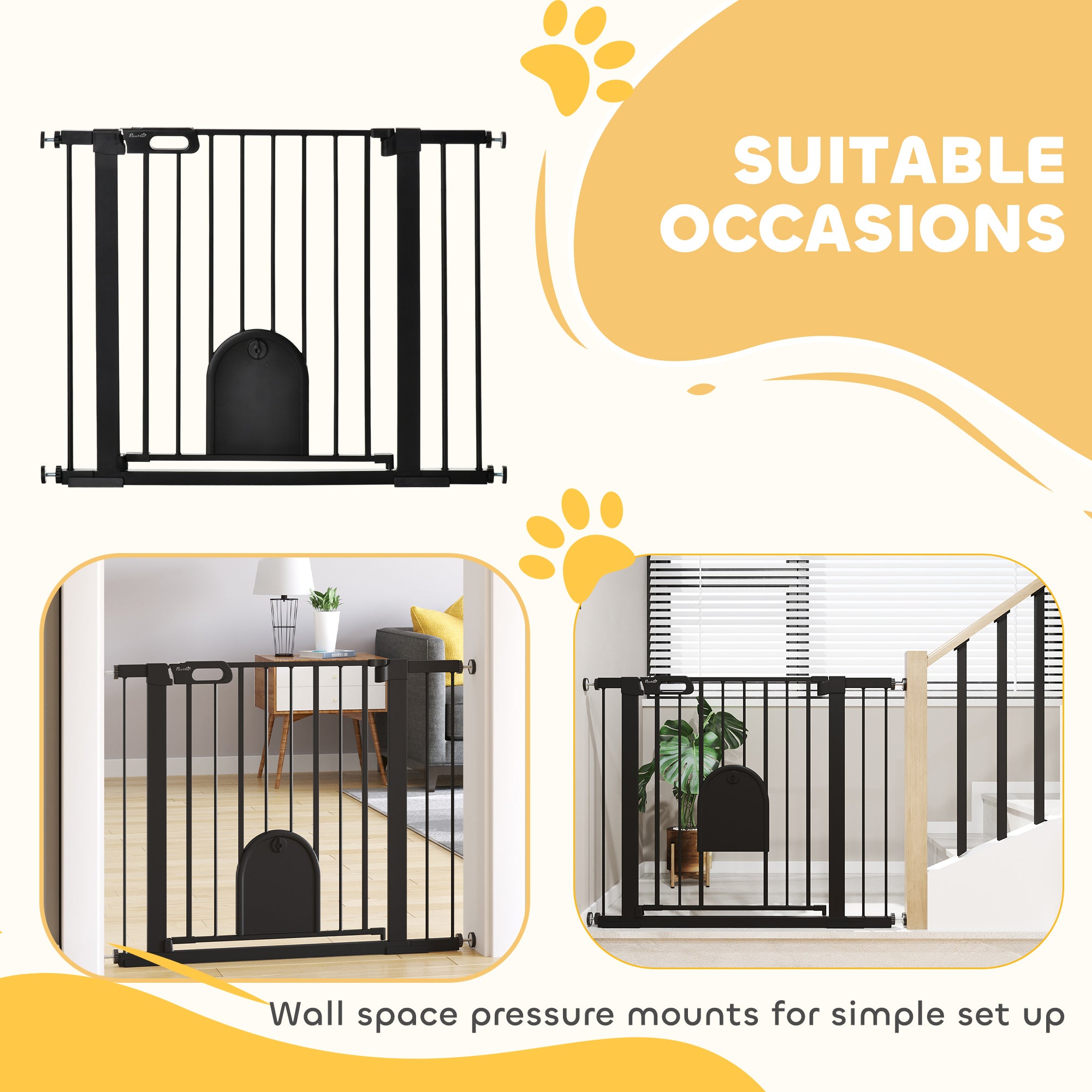 PawHut Dog Gate with Cat Flap Pet Safety Gate Barrier, Stair Pressure Fit, Auto Close, Double Locking, for Doorways, Hallways, 75-103 cm Black - North Peak Garden Furniture