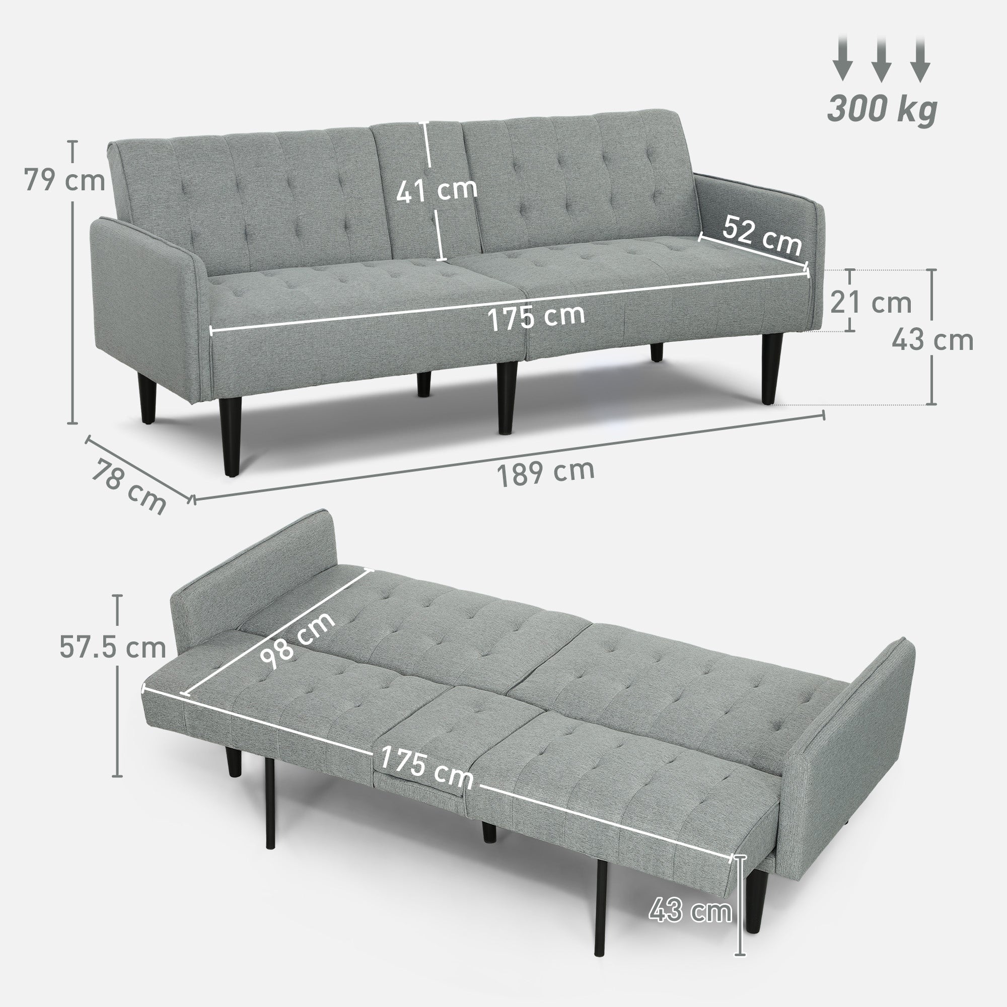 HOMCOM Upholstered Click Clack Sofa Bed, Linen-Feel 3 Seater Sofa Bed with Storage and Cupholders, Light Grey - North Peak Garden Furniture