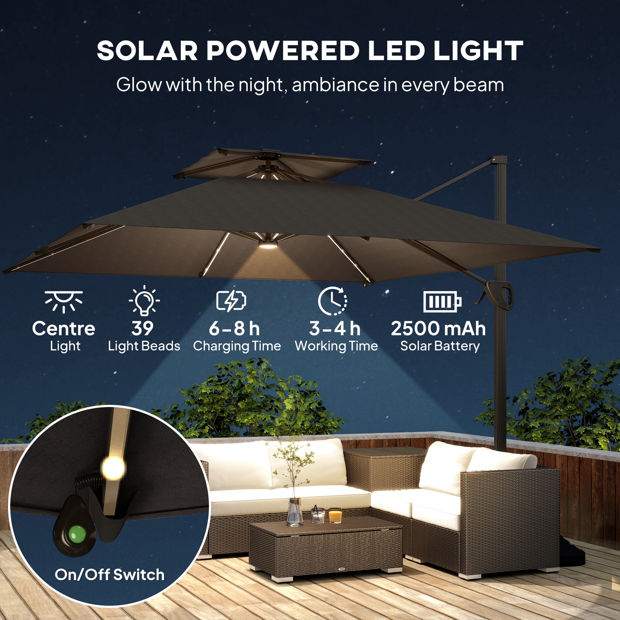 Outsunny Multi-Angle LED Light Parasol Umbrella - Black