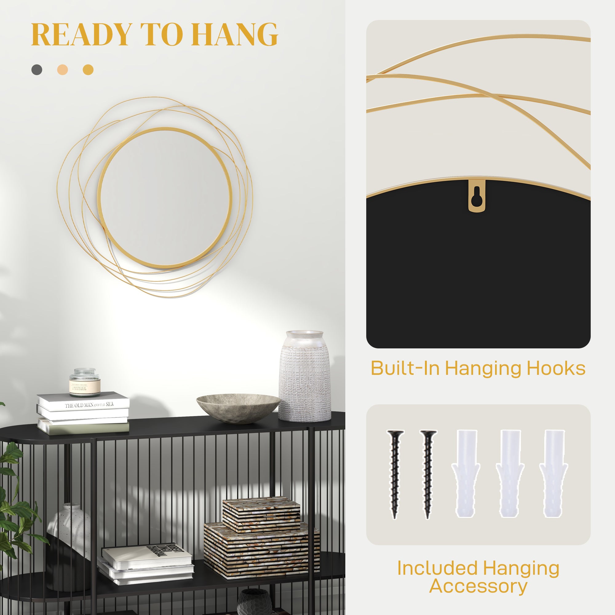 HOMCOM Abstract Metal Wire Wall Mirror, with Accessories - Gold Tone - North Peak Garden Furniture