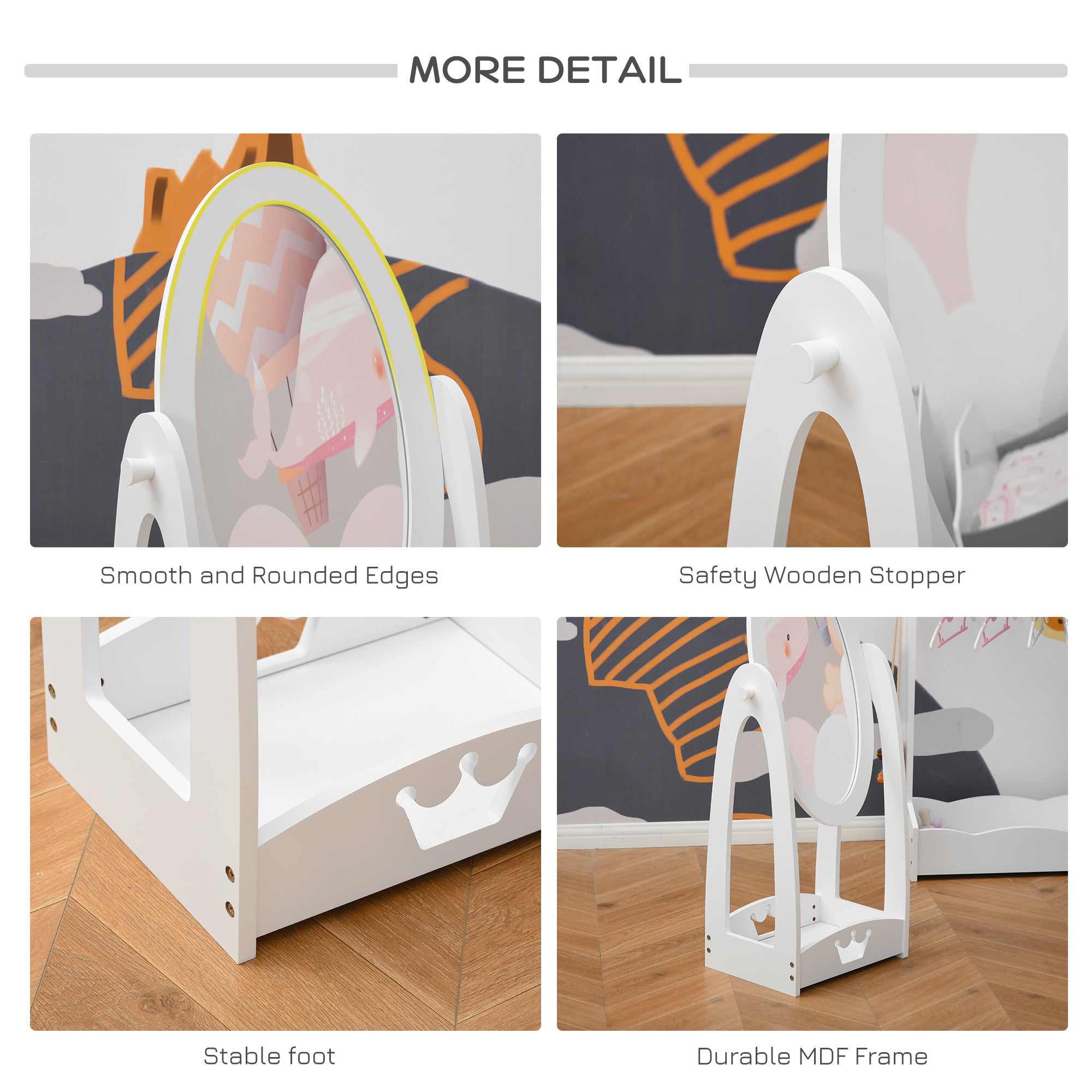 HOMCOM Free Standing Full Length Mirror, Child's Dressing Mirror with storage shelf, Children's White Bedroom Furniture 360° Rotation MDF, For 3- 8 Years Old, 40L x 30W x 104H cm - North Peak Garden Furniture