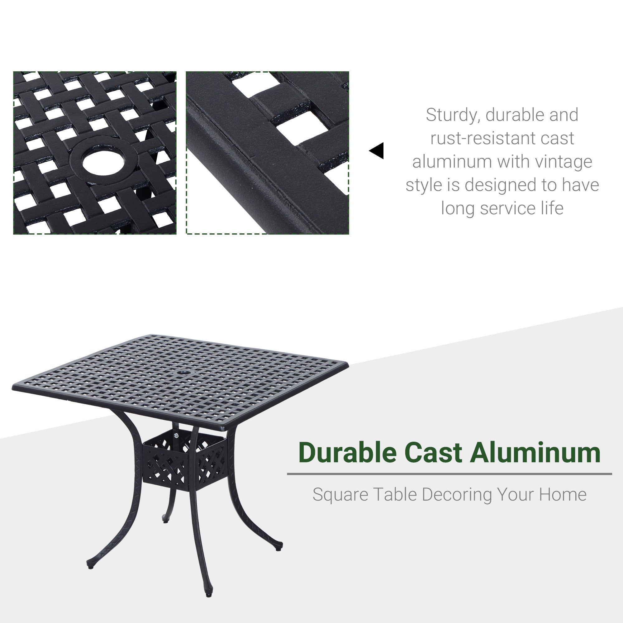 Outsunny 90cm Square Garden Table with Umbrella Hole, Aluminium Grid Motif Outdoor Dining Table for Garden Patio, Black