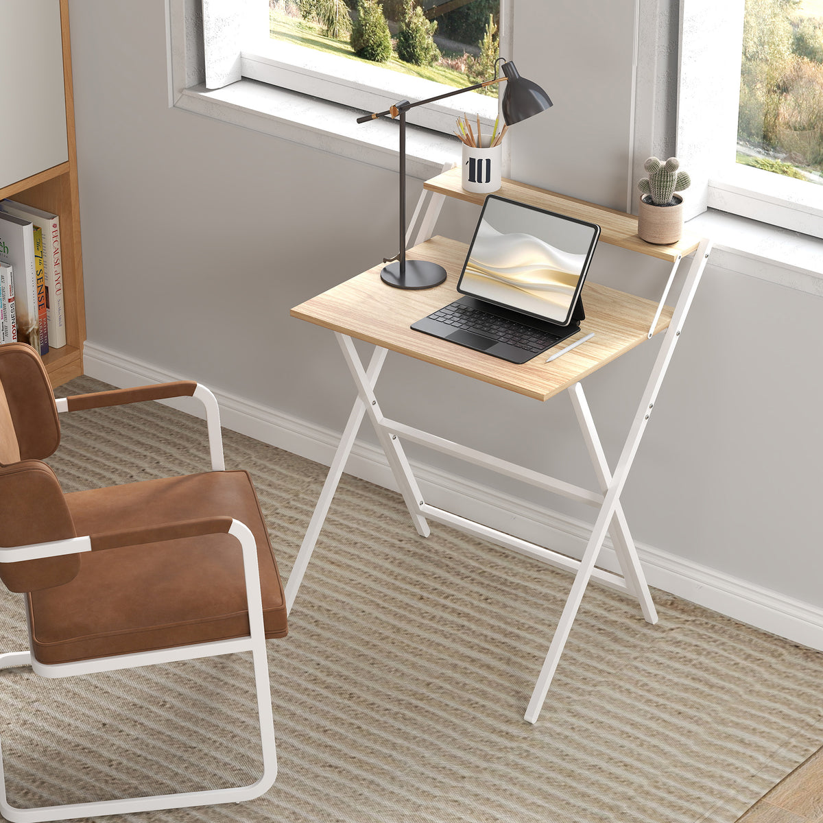 HOMCOM 70 cm Folding Computer Desk with Monitor Shelf - Natural Wood Finish