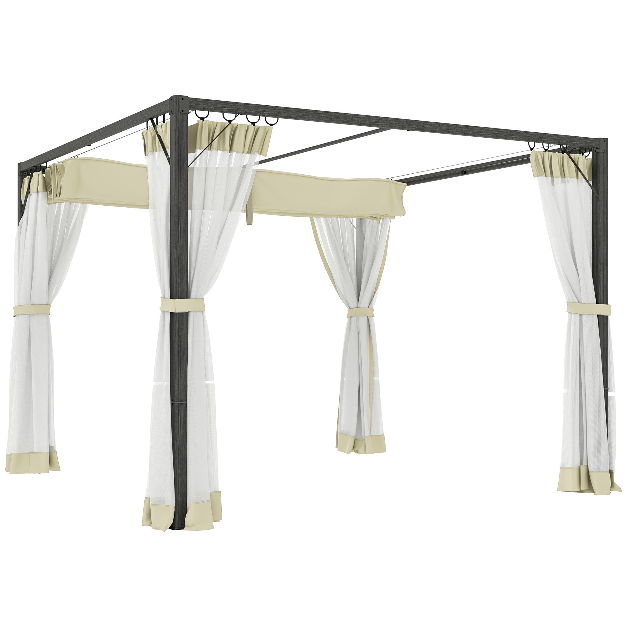 Outsunny 3 x 3m Aluminium Frame Pergola, with Retractable Roof - Khaki - North Peak Garden Furniture