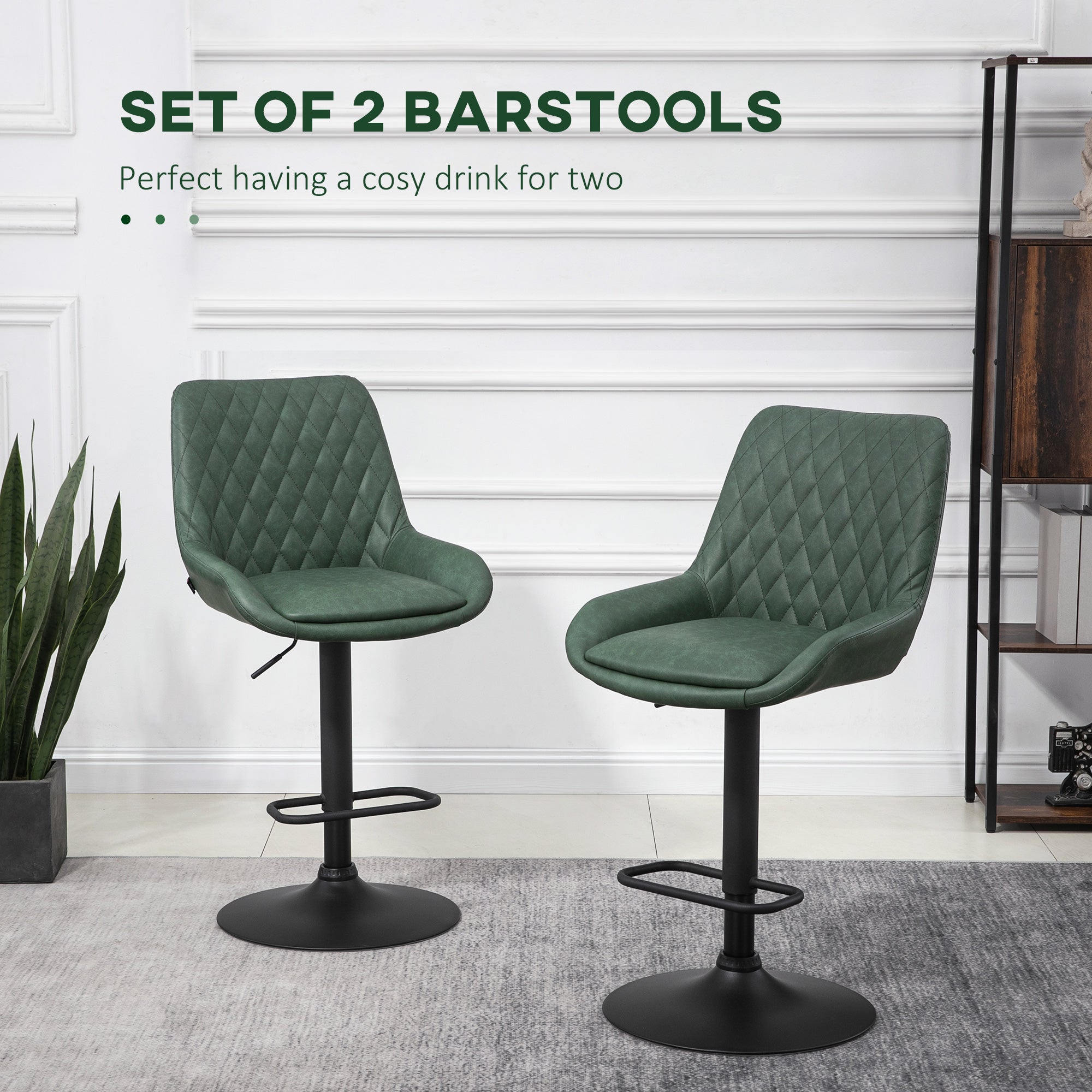 HOMCOM Retro Bar Stools Set of 2, Adjustable Kitchen Stool, Upholstered Bar Chairs with Back, Swivel Seat, Green - North Peak Garden Furniture