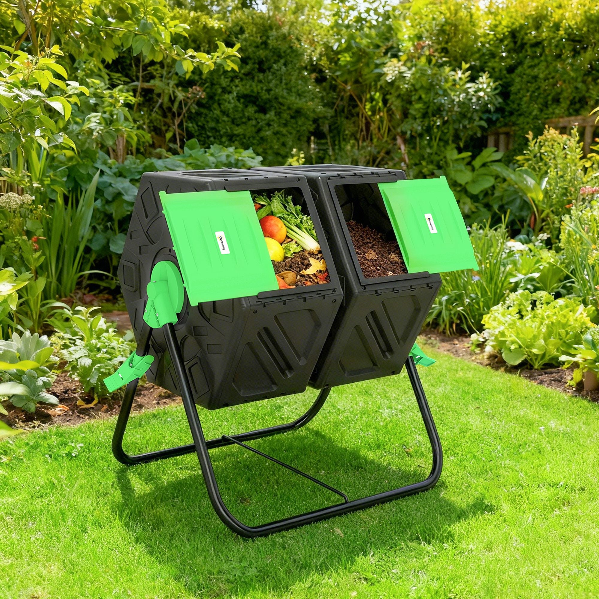 Outsunny Dual Chamber Garden Compost Bin, 130L Rotating Composter, Compost Maker with Ventilation Openings and Steel Legs