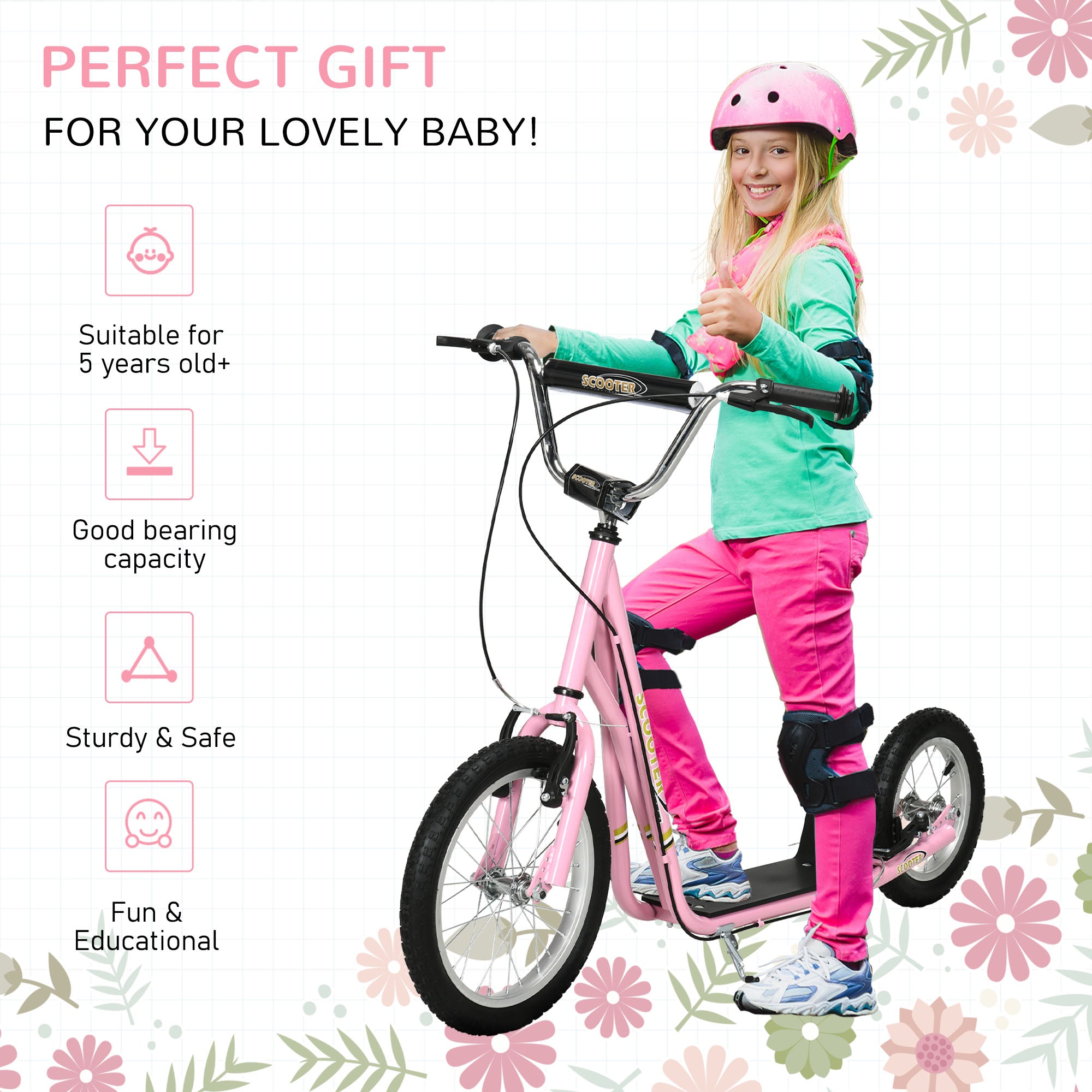 HOMCOM Teen Stunt Scooter Push Kick Scooters for Kids with Rubber Wheels Adjustable Handlebar Front Rear Dual Brakes Kickstand, for 5+ Years, Pink