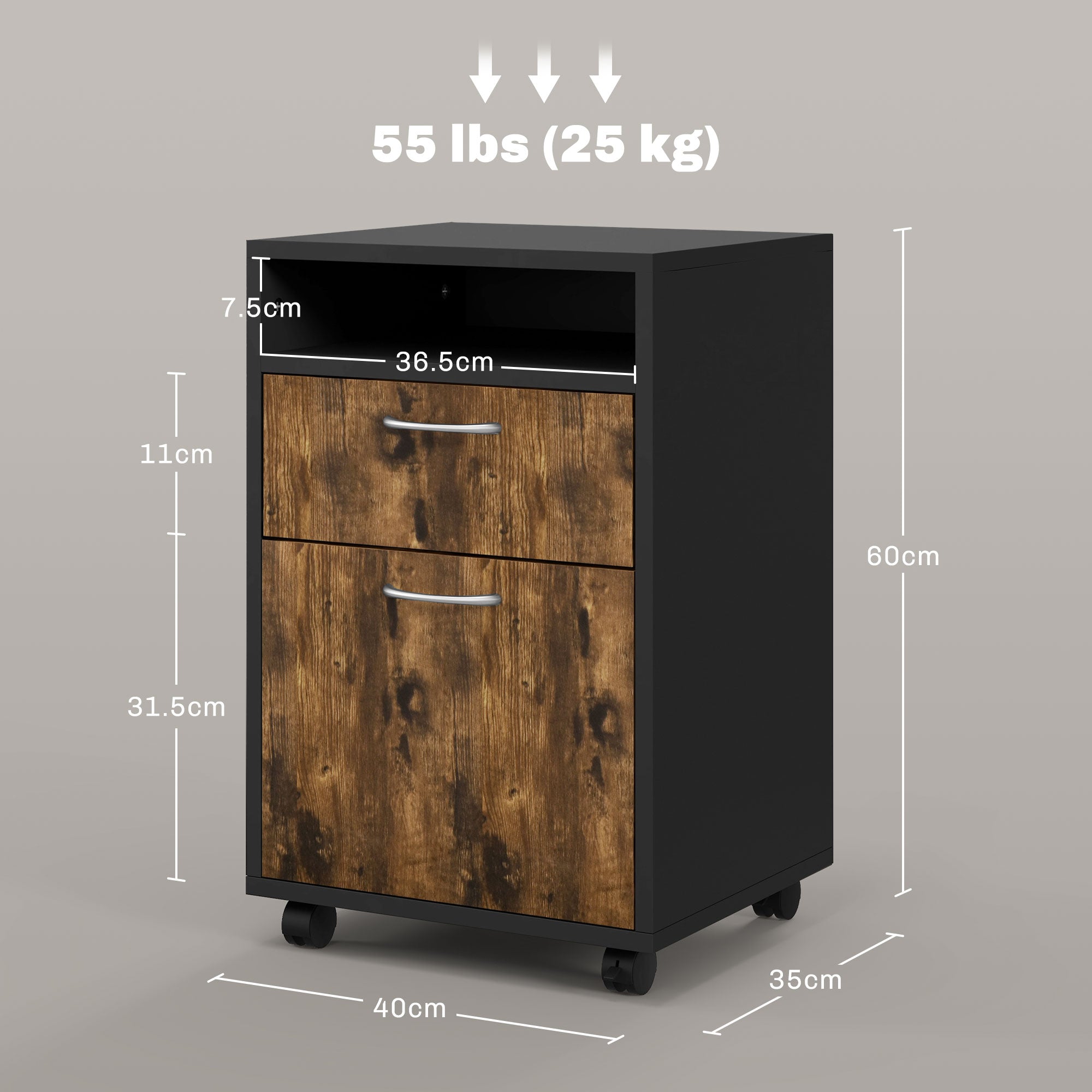 HOMCOM 60cm Filing Cabinet with Drawer, Open Shelf, Metal Handles and 4 Wheels, Office Home Organiser Mobile Printer, Rustic Brown - North Peak Garden Furniture