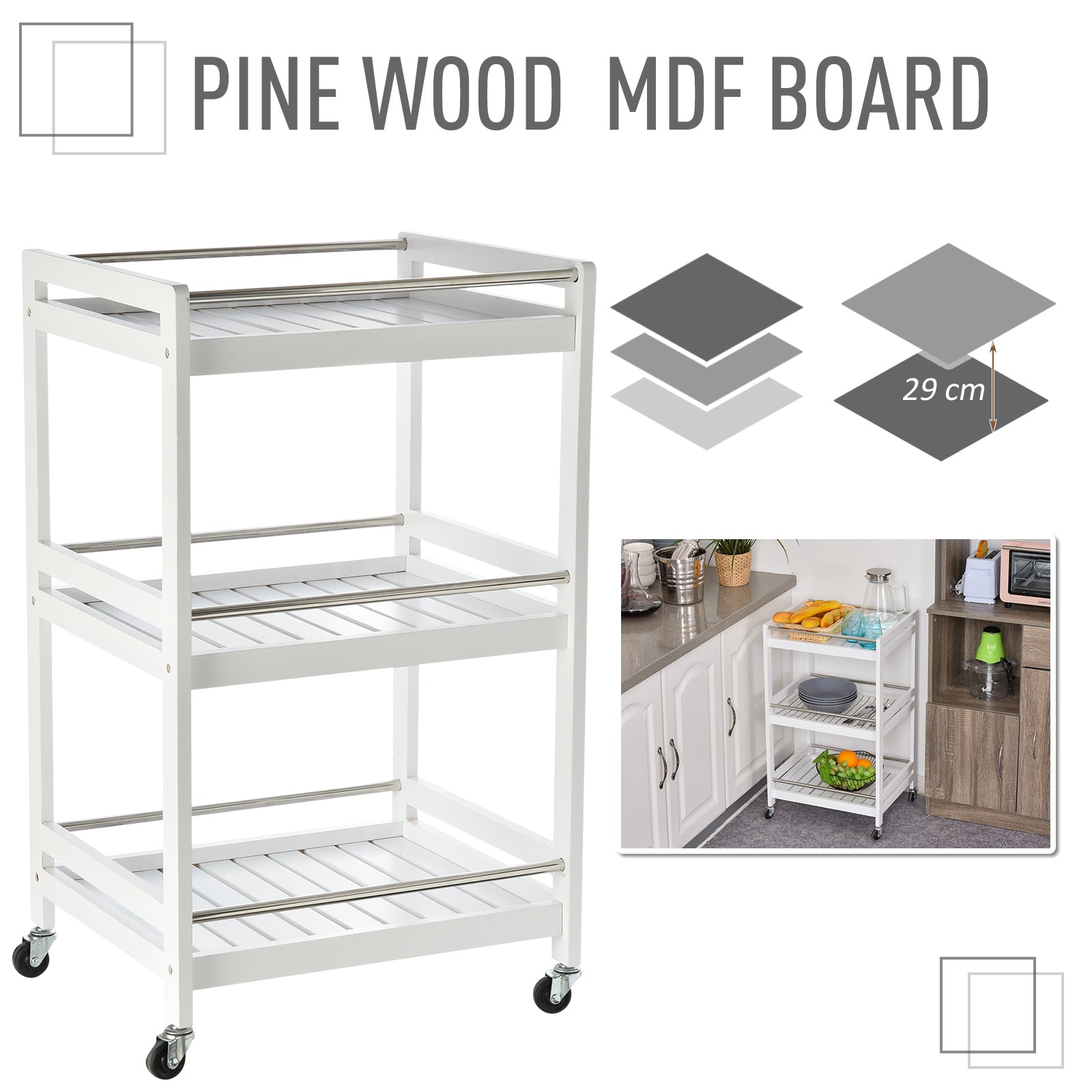 HOMCOM 3-Tier Home Trolley Kitchen Storage Cart w/ Steel Bars 4 Universal Wheels Rolling Unit Organiser Living Room White - North Peak Garden Furniture