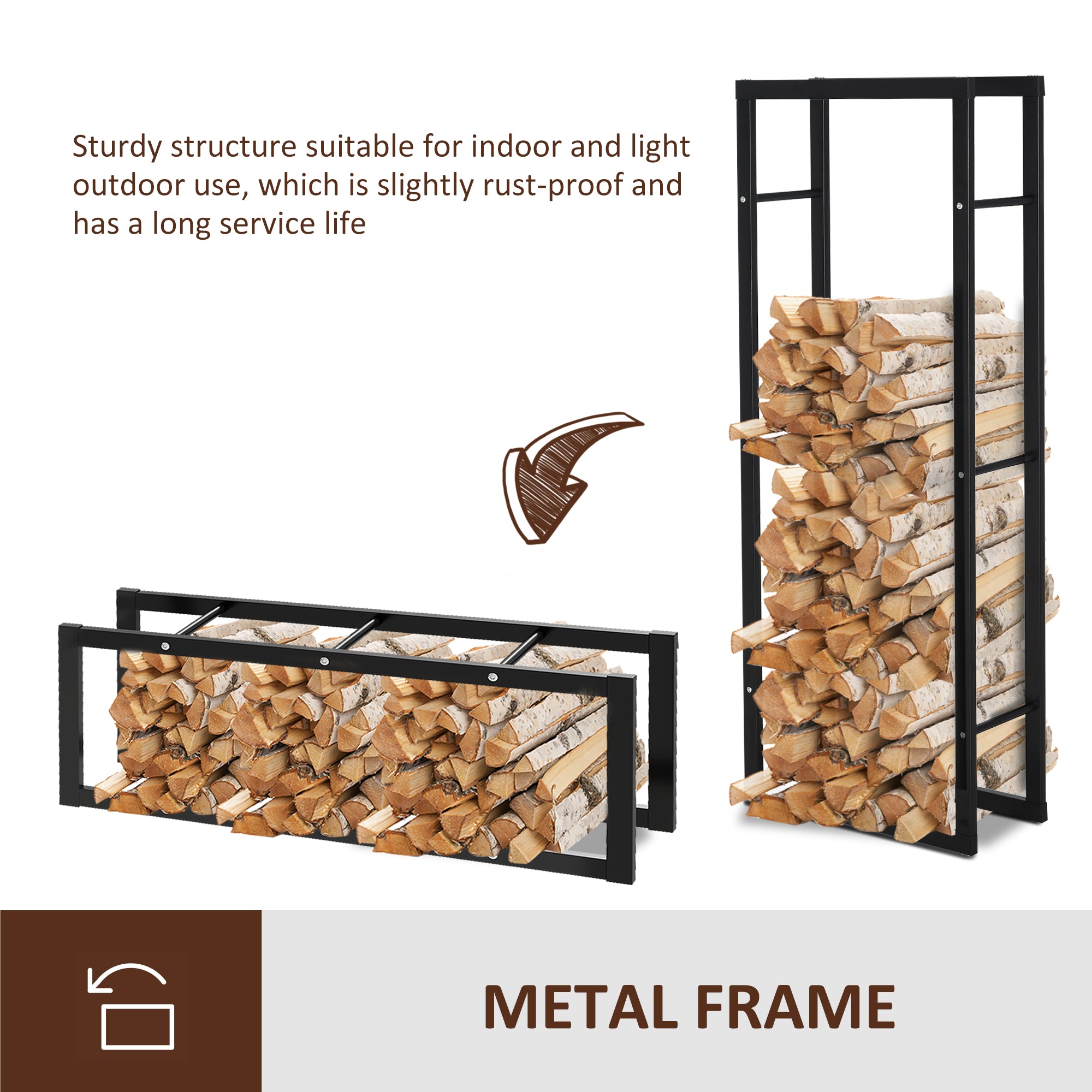 HOMCOM Metal Firewood Log Holder Tall Firewood Rack Indoor Outdoor Fireplace Wood Storage Shelf, Black, 60Wx25Dx150Hcm - North Peak Garden Furniture