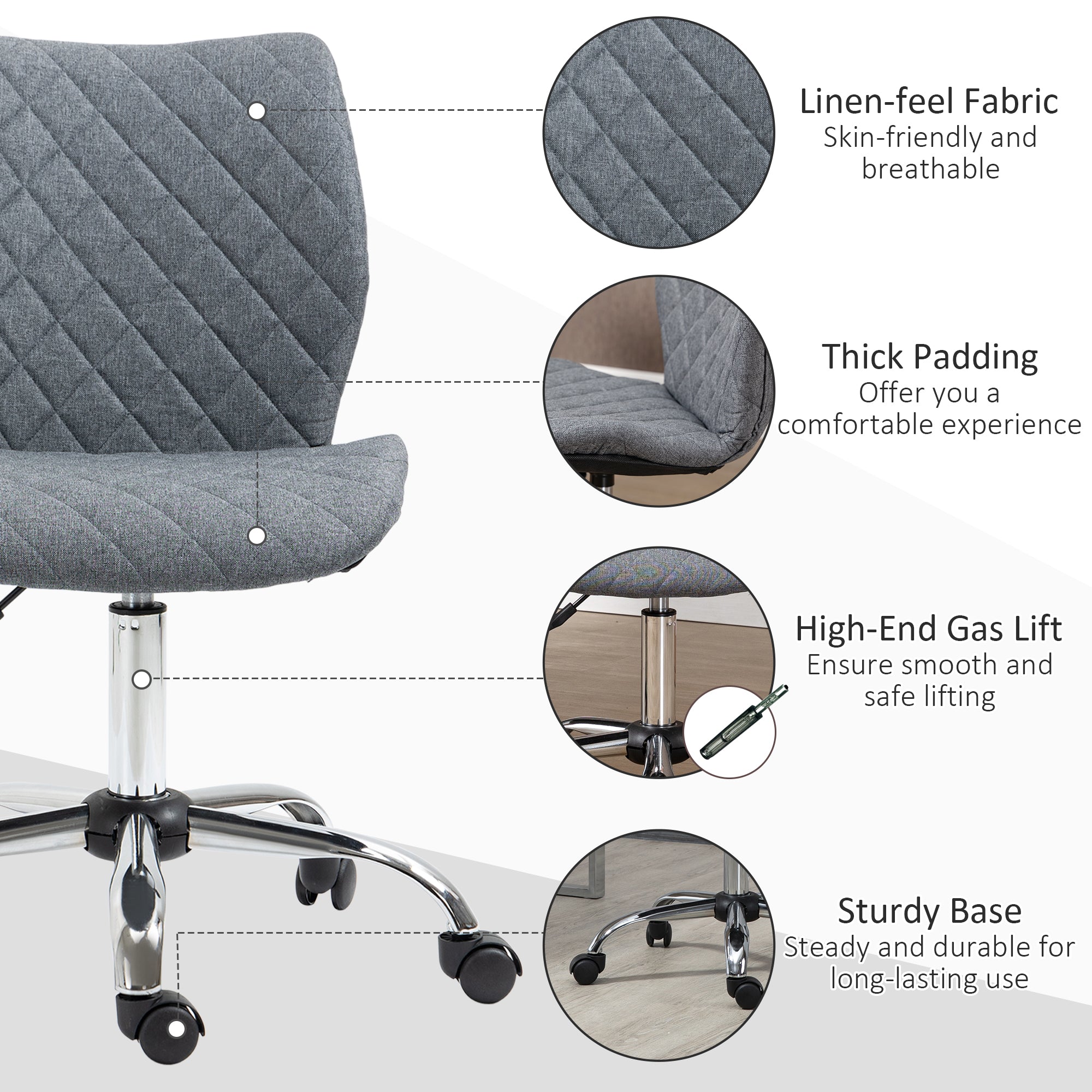 Vinsetto Armless Office Chair Adjustable Computer Chair Swivel Chair with Rolling Wheels and Linen Fabric Back Support for Home Office Students Study Grey