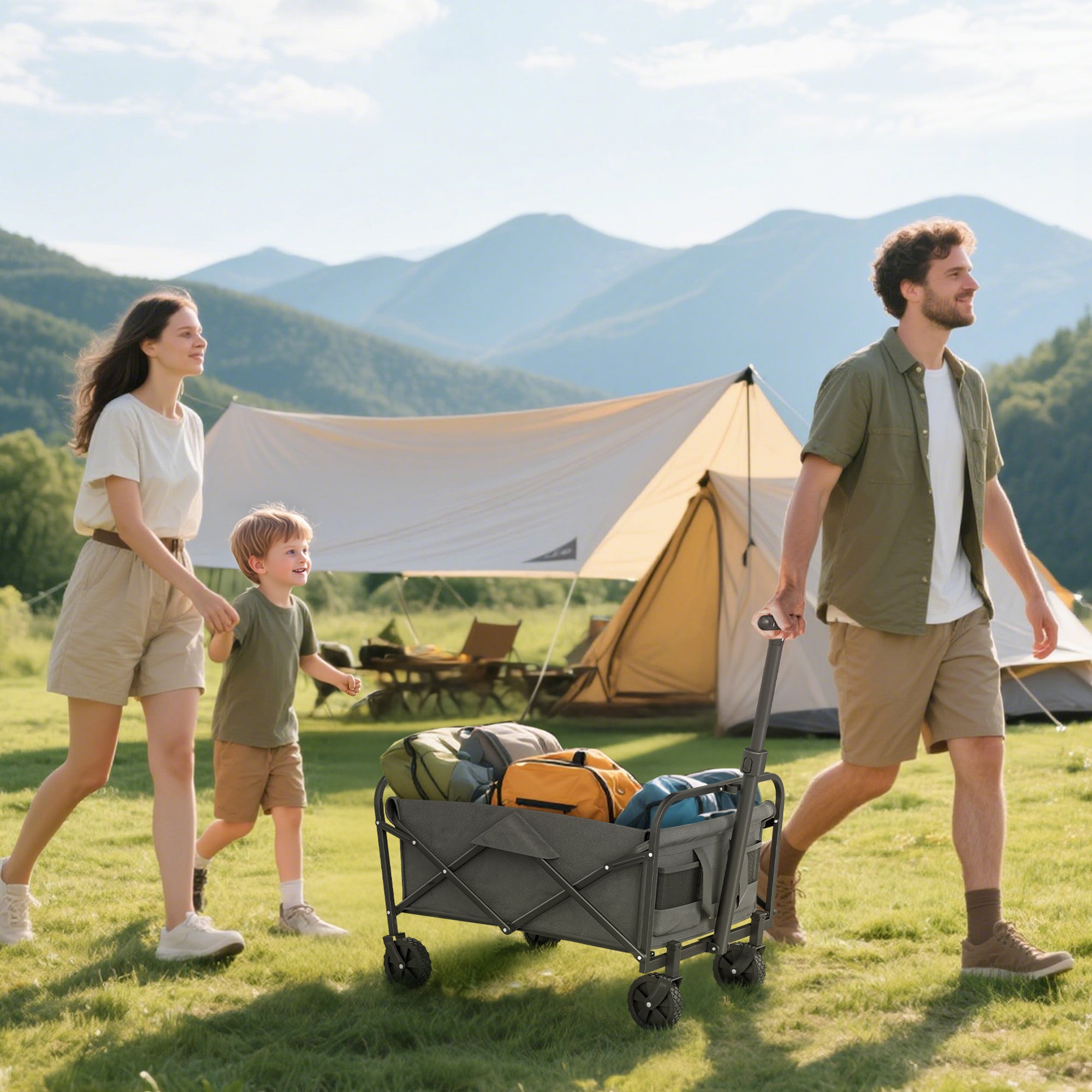 Outsunny 62L Festival Trolley on Wheels, Garden Folding Trolley Cart, 120kg Heavy Duty Collapsible Folding Wagon with Adjustable Handle and Carrying Bag for Beach, Camping, Festival, Grey