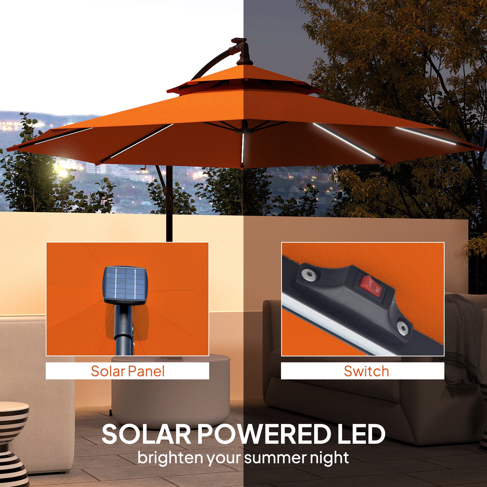 Outsunny 3m LED Light Overhanging Parasol - Orange - North Peak Garden Furniture