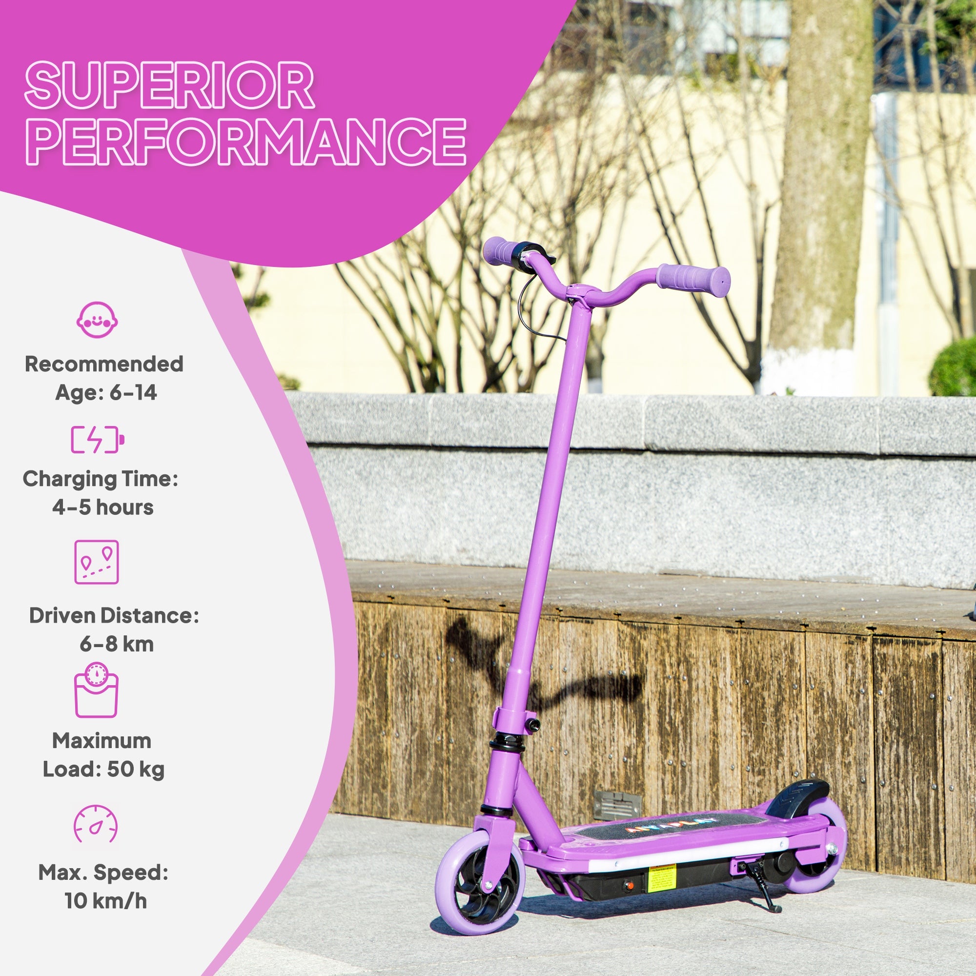 AIYAPLAY Electric Scooter for Ages 6-14, with Colourful Light and Electric Brake, Electric Scooter E Scooter, Up to 10 KM/H & 8 KM, Purple - North Peak Garden Furniture