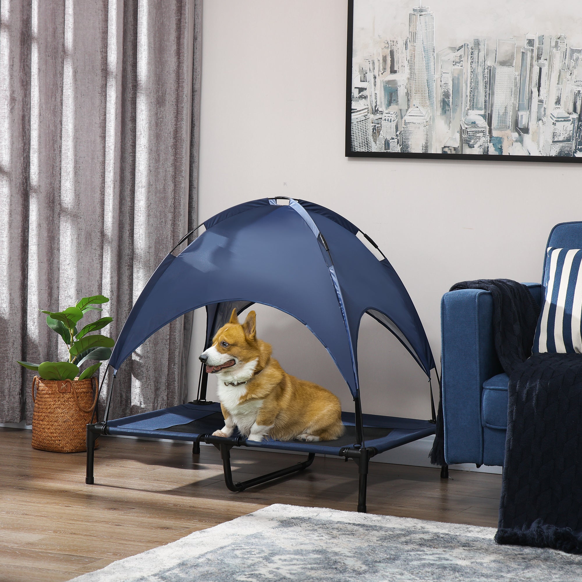 PawHut Raised Dog Bed Waterproof Elevated Pet Cot with Breathable Mesh UV Protection Canopy Blue, for Large Dogs, 92 x 76 x 90cm - North Peak Garden Furniture