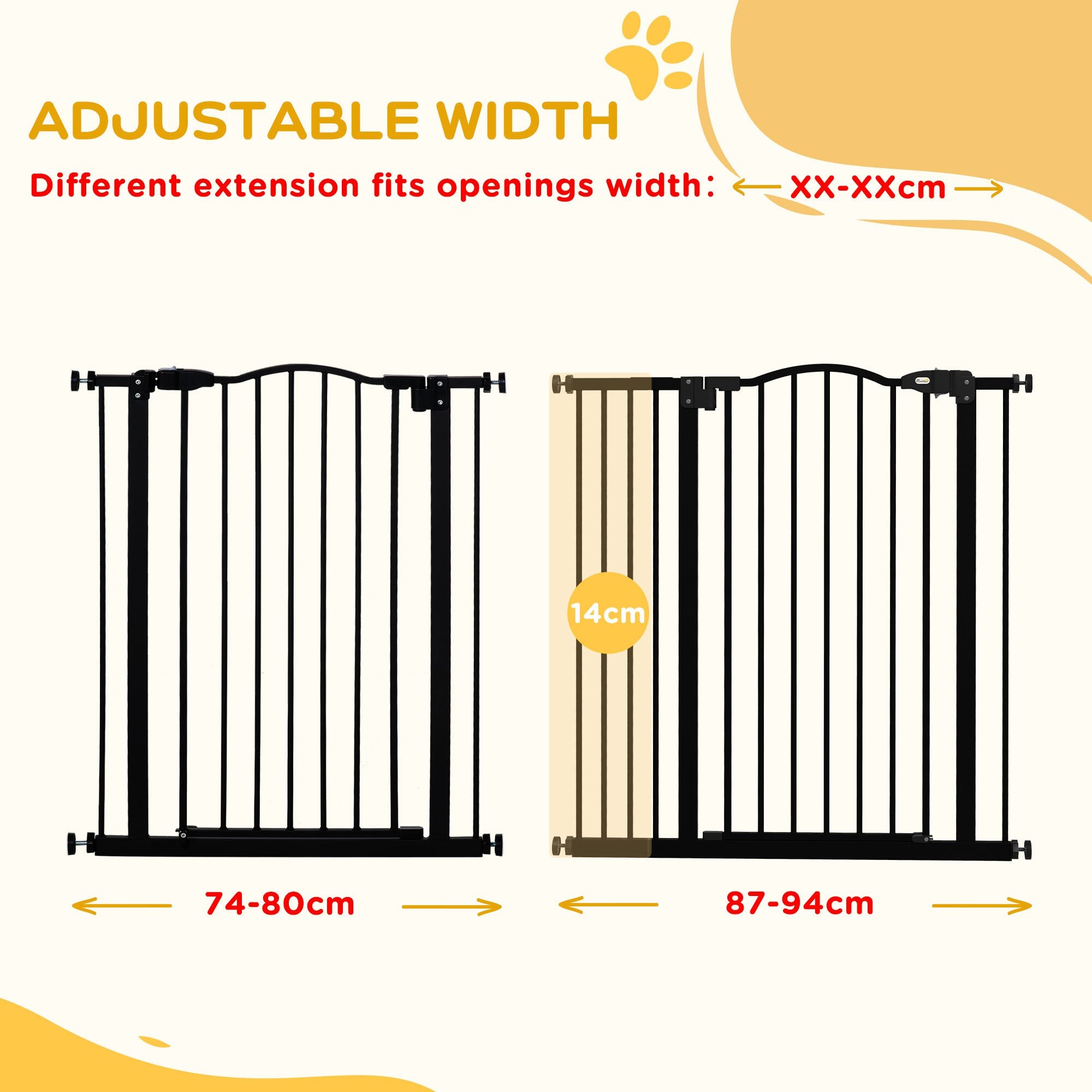 PawHut Pressure Fit Dog Stair Gate No Drilling Safety Gate Auto Close for Doorways, Hallways, 74-94cm Adjustable, 94cm Tall, Black - North Peak Garden Furniture