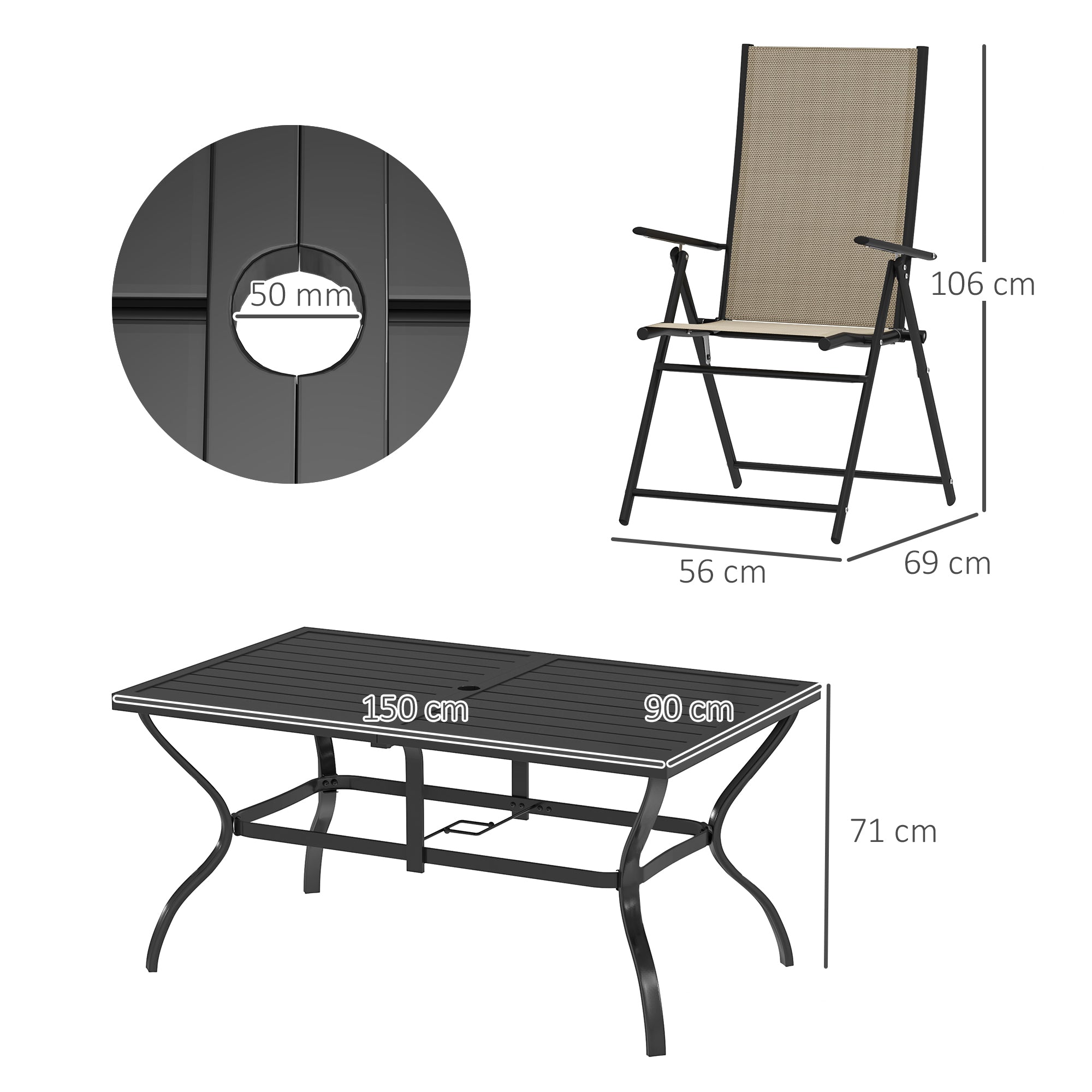 Outsunny Seven-Piece Steel Outdoor Dining Set, with Parasol Hole - Khaki - North Peak Garden Furniture