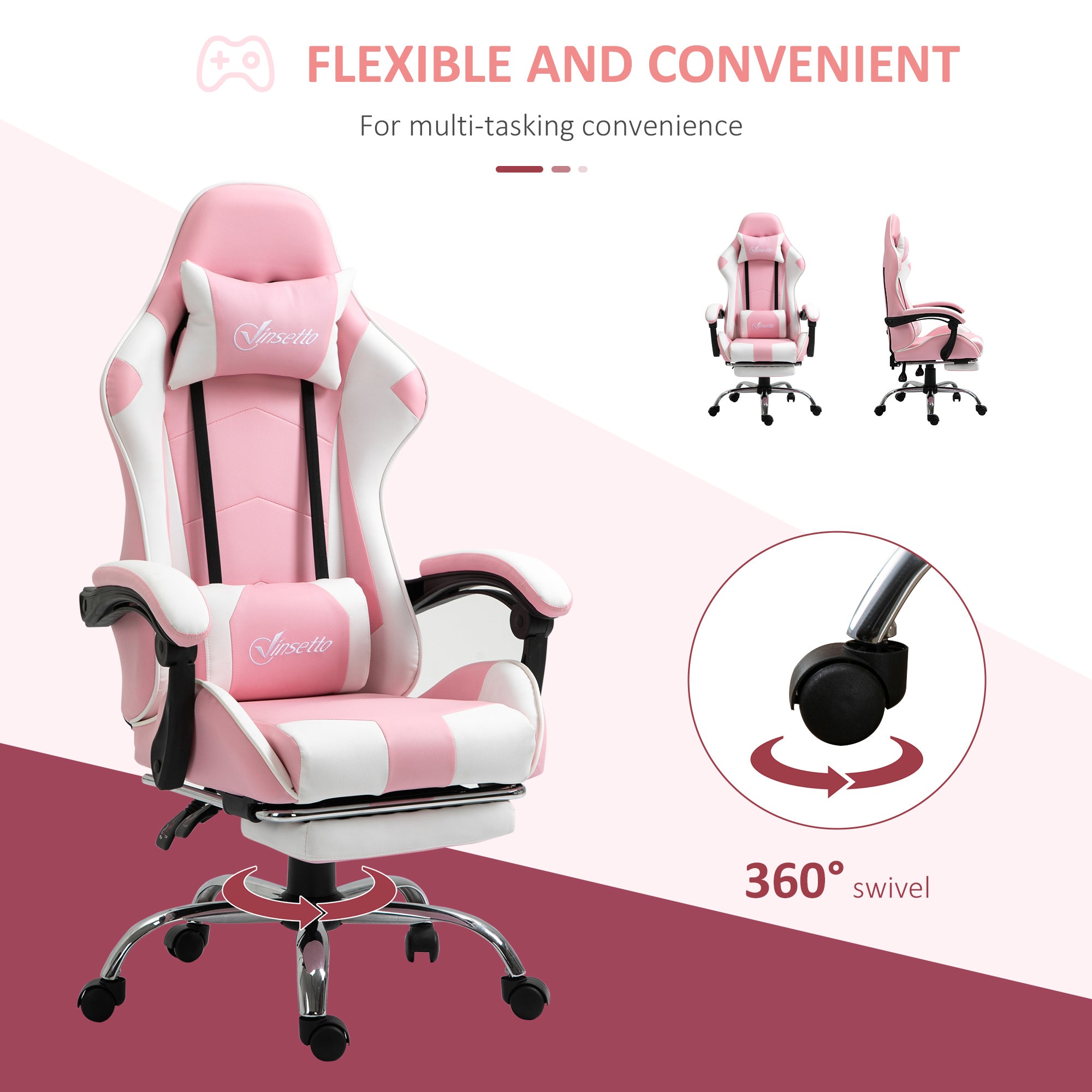Vinsetto Pink Computer Gaming Chair, Desk Chair with 135° Reclining Back and Retractable Footrest, Adjustable PU Leather Lumbar Support and Headrest, Steel Base for Adults, Girls - North Peak Garden Furniture