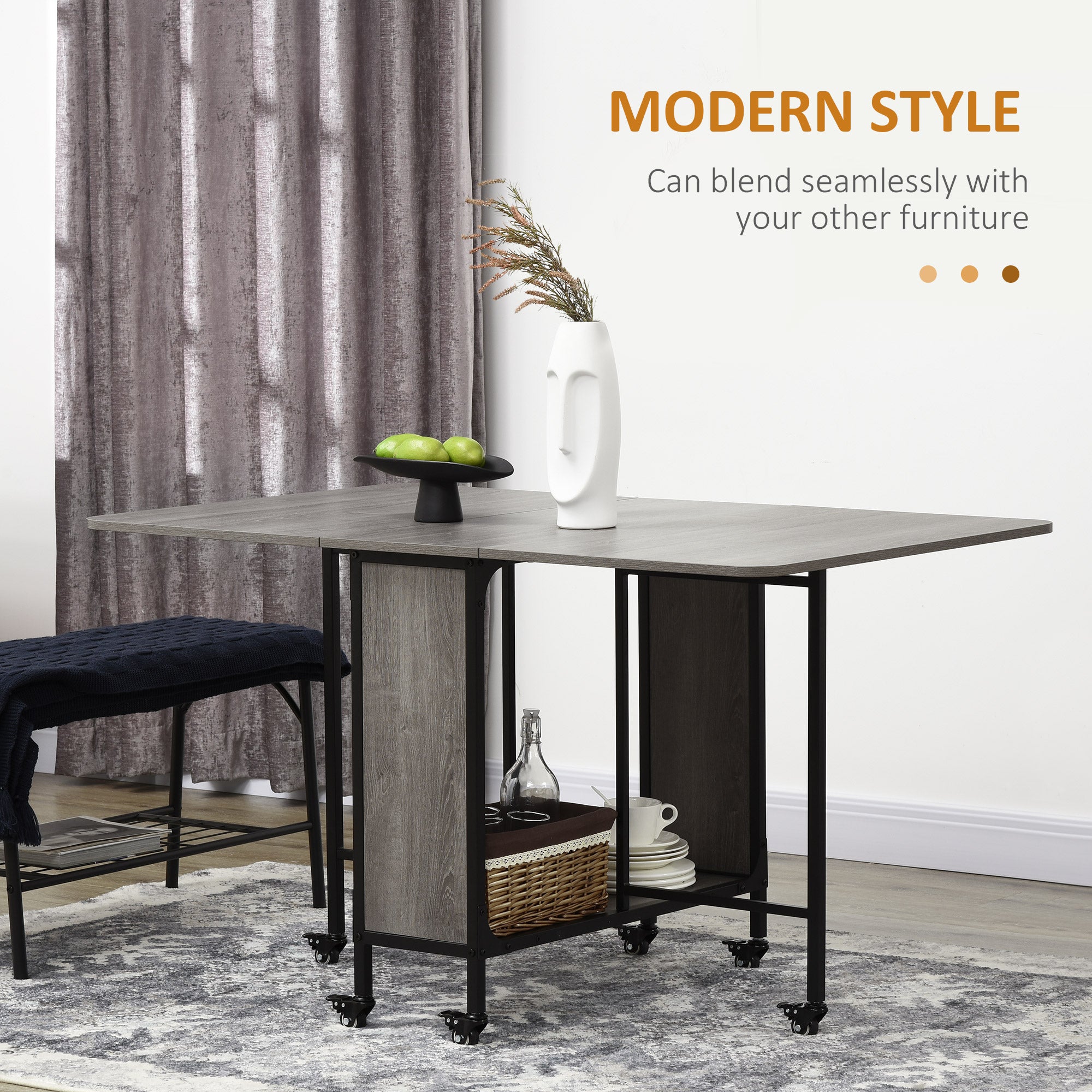 HOMCOM Six-Person Drop Leaf Dining Table - Grey/Black - North Peak Garden Furniture