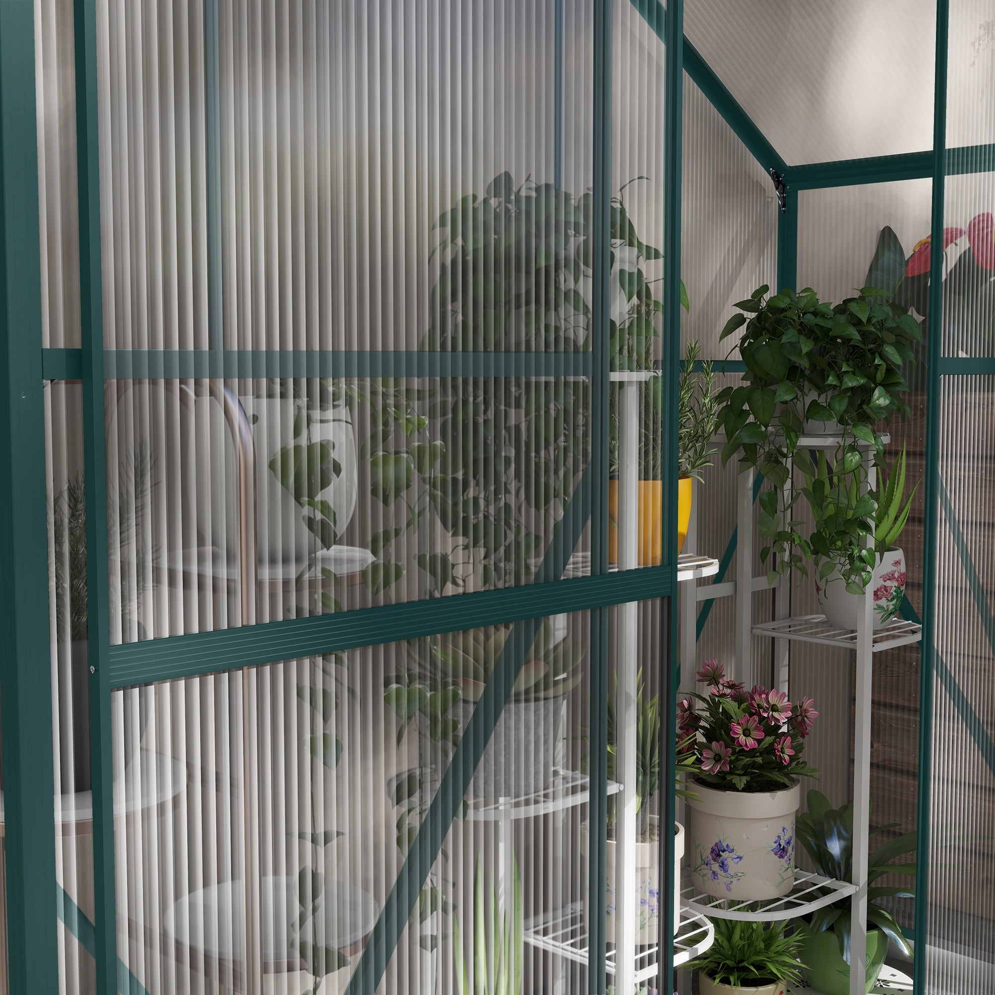 Outsunny 6 x 2.5ft Polycarbonate Greenhouse Walk-In Green House with Rain Gutter, Sliding Door, Window, Foundation, Green - North Peak Garden Furniture
