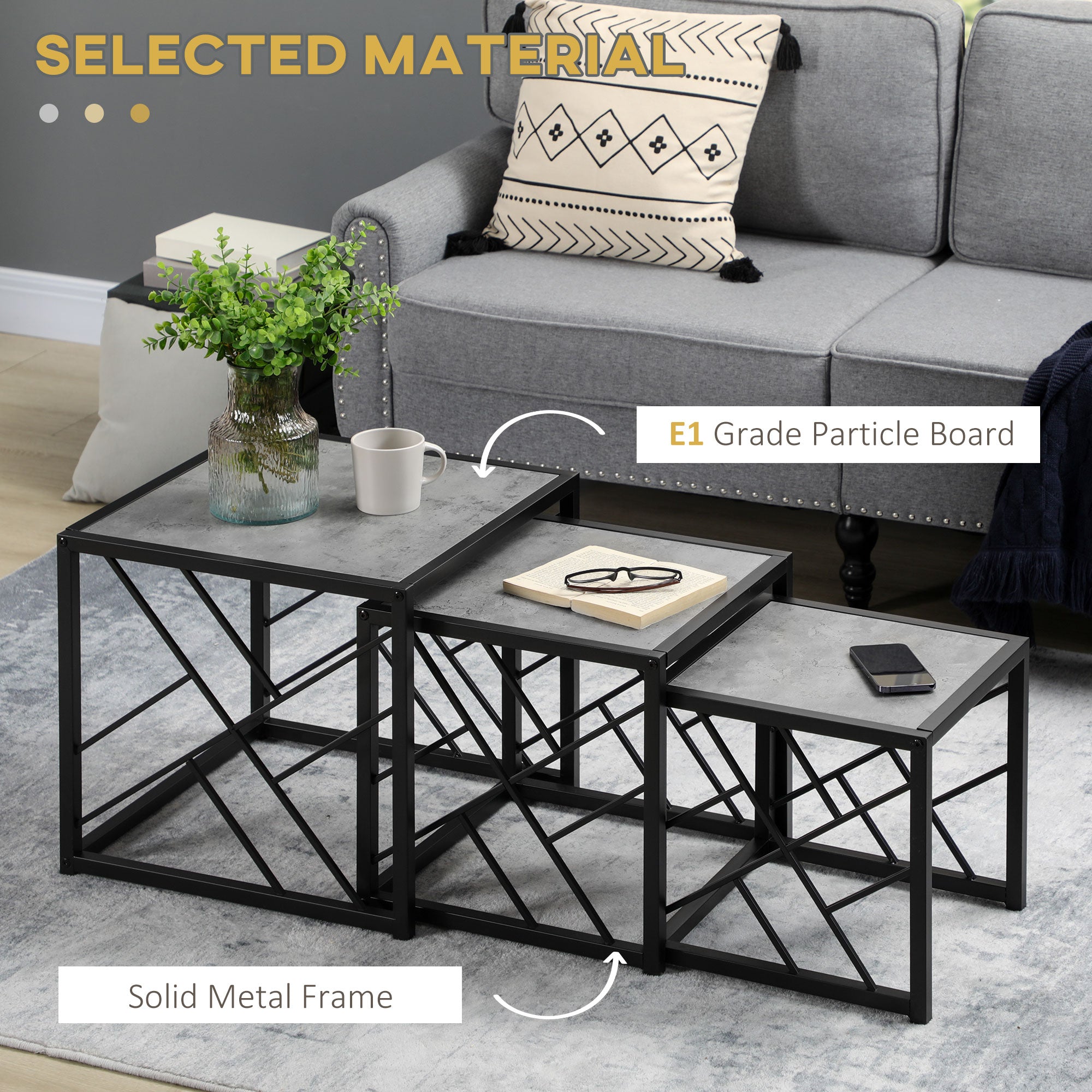 HOMCOM Nesting Coffee Tables, Set of 3 Square Side Tables with Black Metal Frame, for Living Room, Bedroom and Office, Grey - North Peak Garden Furniture