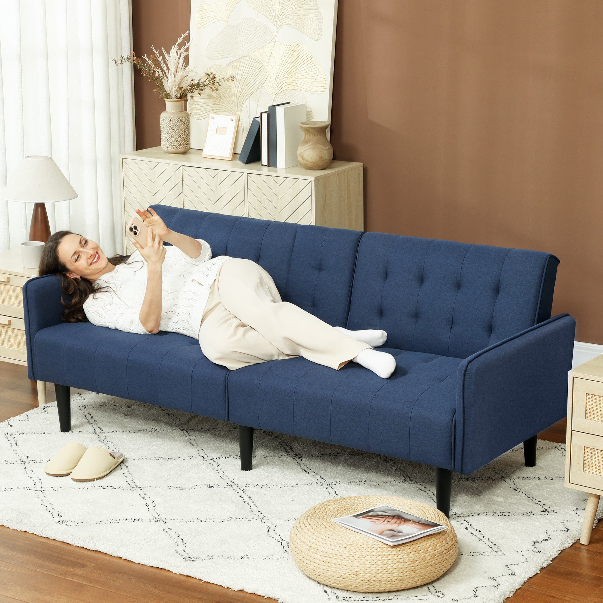 HOMCOM Upholstered Click Clack Sofa Bed, Linen-Feel 3 Seater Sofa Bed with Storage and Cupholders, Dark Blue - North Peak Garden Furniture
