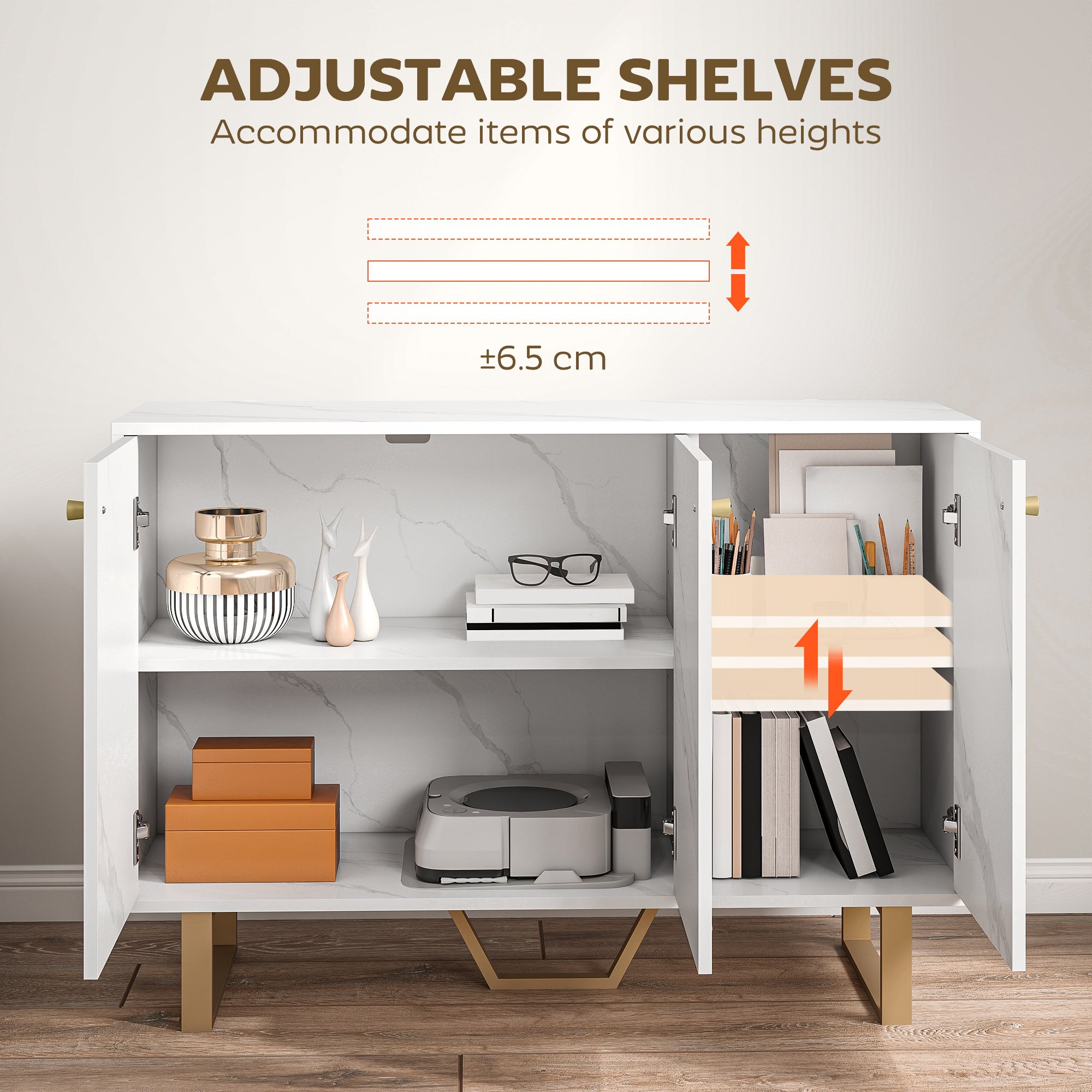 HOMCOM Sideboard Storage Cabinet, Modern Storage Cupboard with Adjustable Shelves and Metal Legs for Living Room, Kitchen, Dining Room, Entryway, White Marble Tone