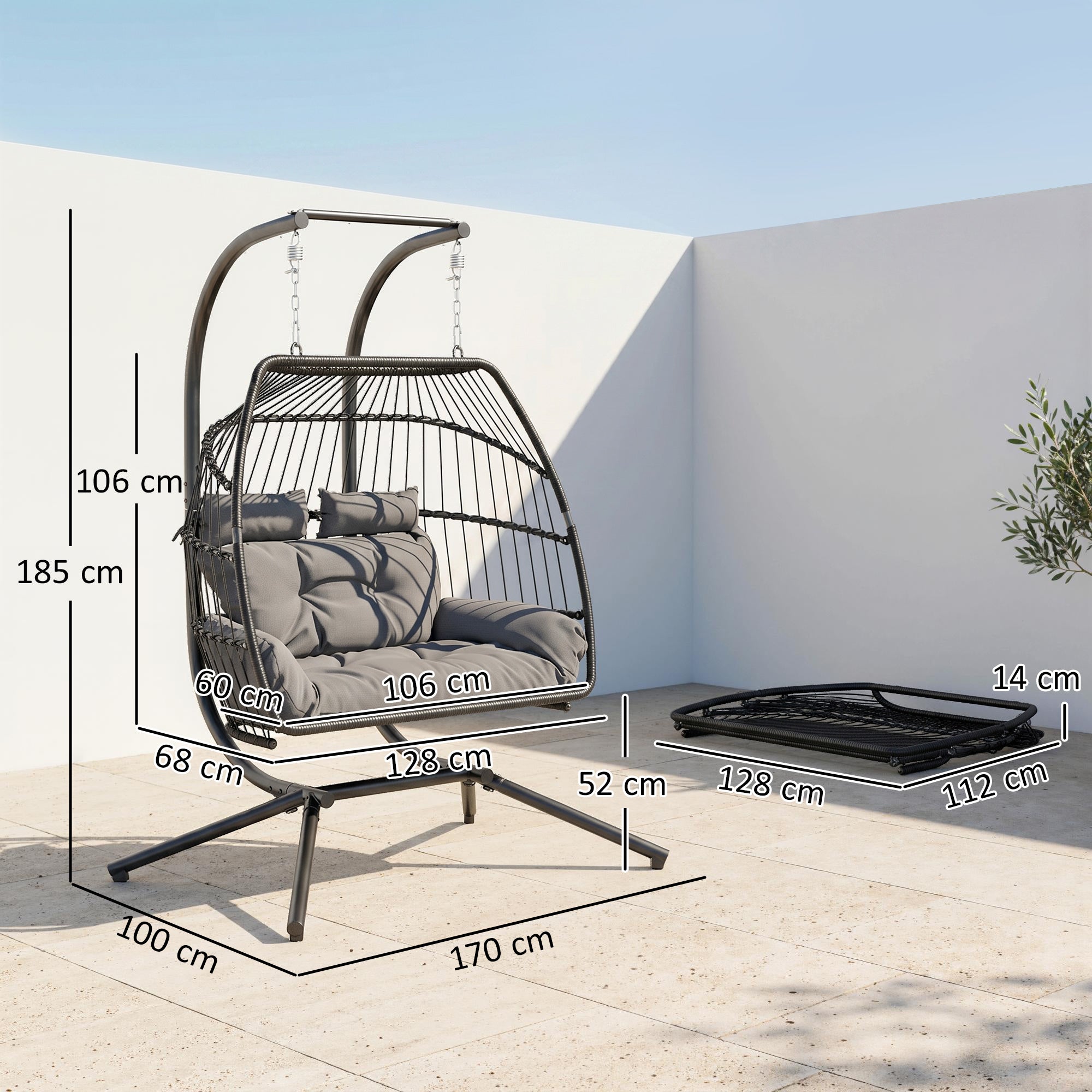 Outsunny Rattan Double Hanging Egg Chair with Stand, Foldable Wicker Swing Egg Chair with Cushion, Head Pillows, Steel Frame, Hammock Chair for Indoor Outdoor, Capacity 260 kg, Dark Grey