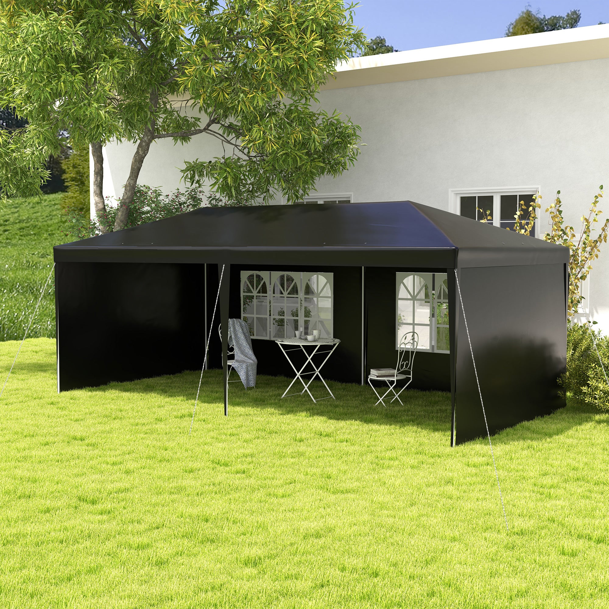 Outsunny 6 x 3 m Party Tent Gazebo Marquee Outdoor Patio Canopy Shelter with Windows and Side Panels Black - North Peak Garden Furniture
