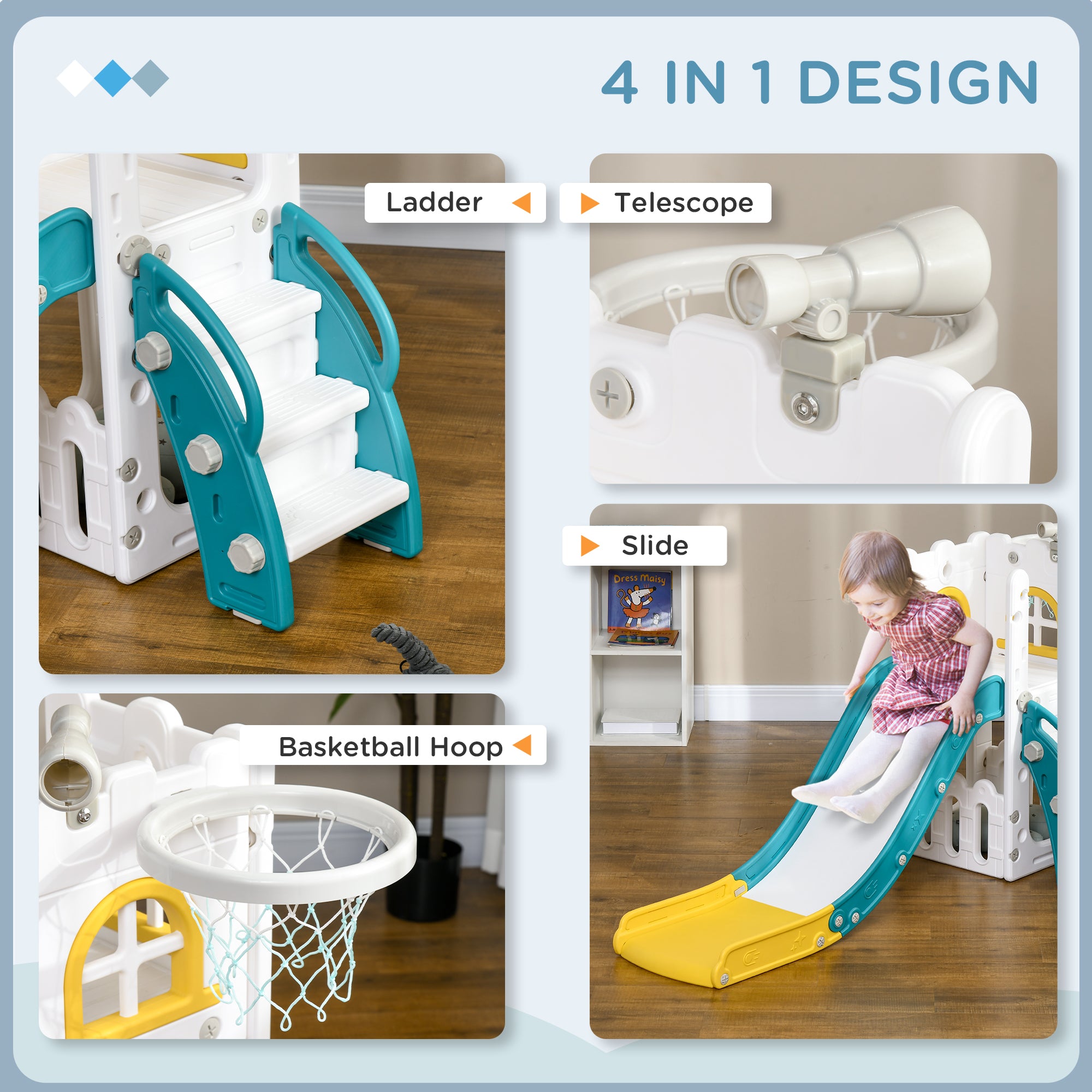 AIYAPLAY 4 in 1 Toddler Slide with Basketball Hoop, Climber, Telescope, Storage Basket, for Ages 1-3 Years, Yellow - North Peak Garden Furniture