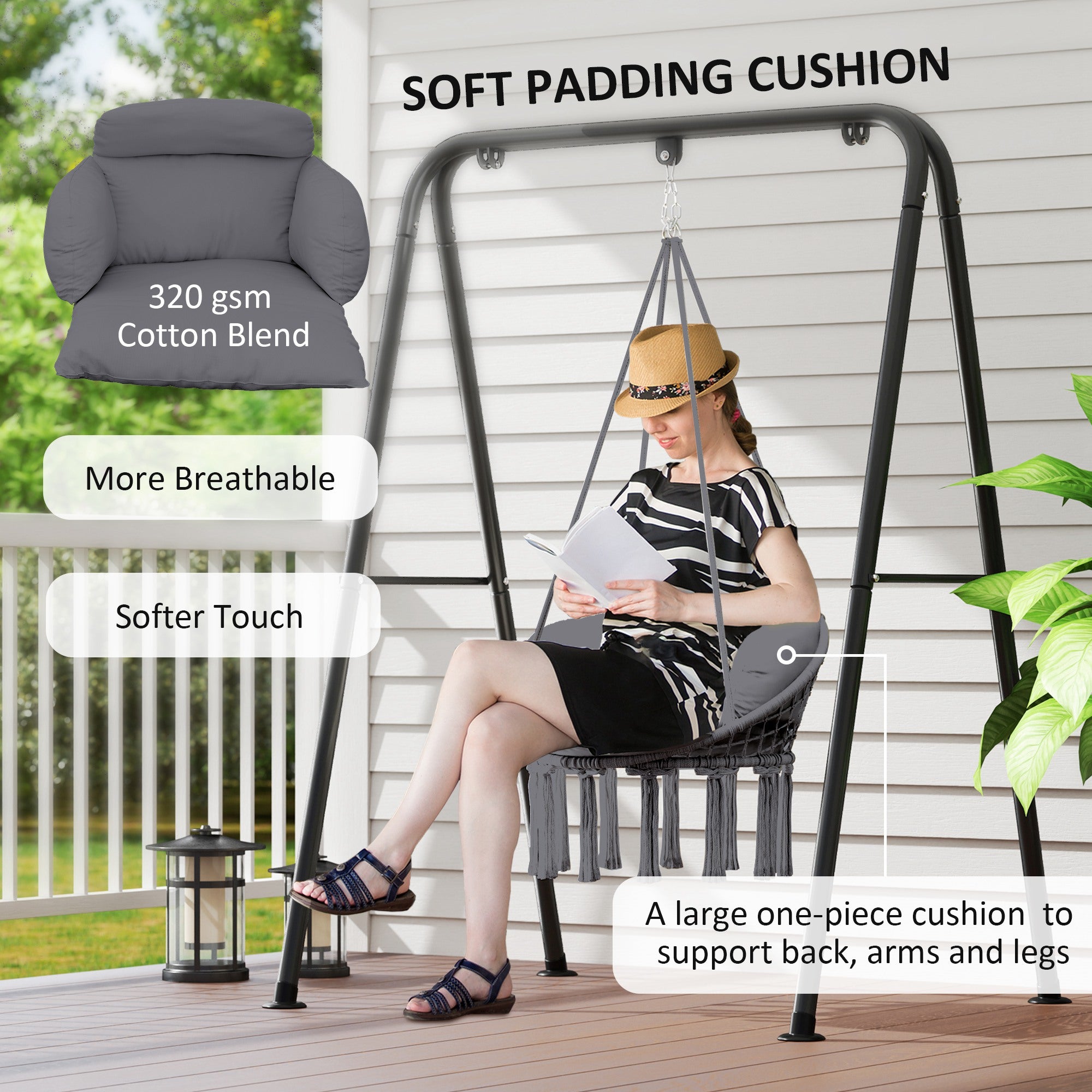 Outsunny Hanging Chair Outdoor Hammock Chair with Soft Cushion, Cotton Rope Boho Style Swing Chair, Hanging Garden Swing Seat for Indoor Outdoor, Dark Grey - North Peak Garden Furniture