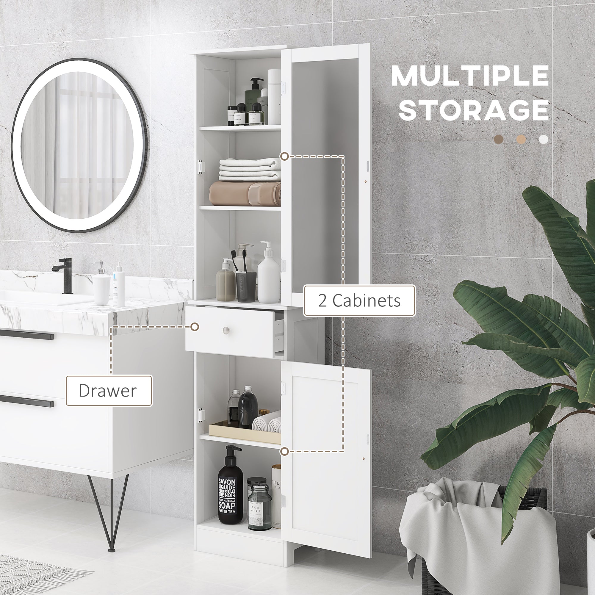 kleankin Bathroom Storage Cabinet with 3-tier Shelf Drawer Door, Floor Cabinet Free Standing Tall Slim Side Organizer Shelves, White - North Peak Garden Furniture